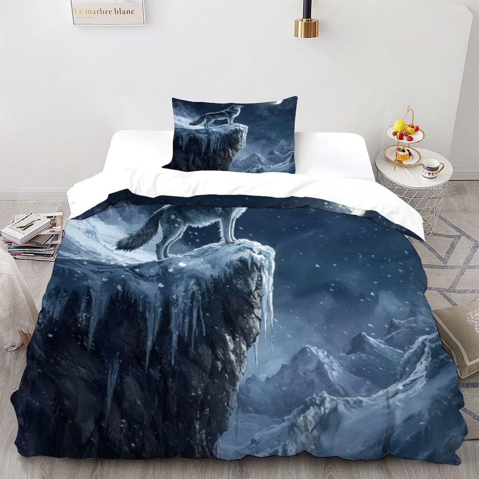 Housse de couette loup 135x200 cm microfibre thermorégulatrice avec zip invisible