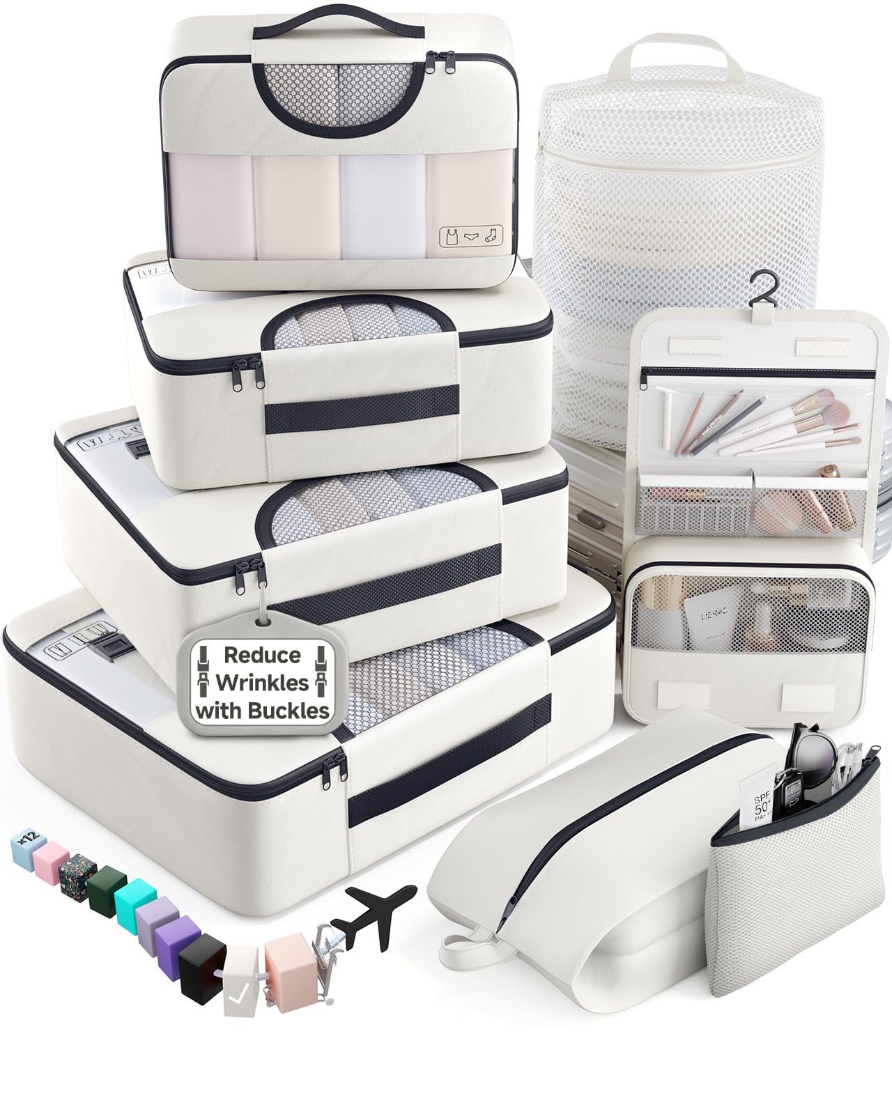 Veken 8 Set Packing Cubes for Travel Essentials,Anti-Wrinkle Buckled Suitcase Organizer for Shoe &amp; Toiletry Bag,Carry On Luggage Bag with 99+ Count Mesh Holes for Airplane &amp; College Dorm Accessories