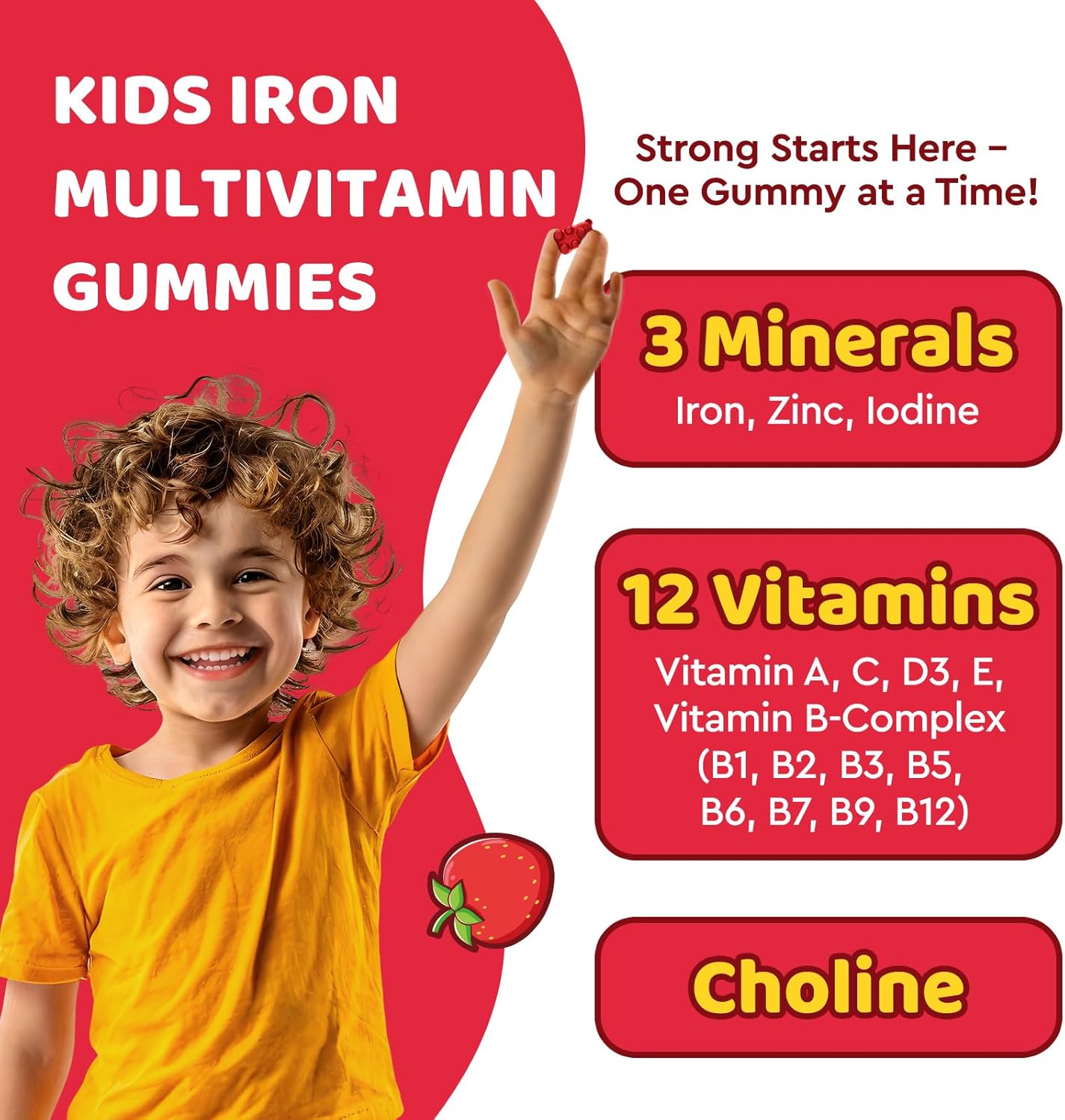 Iron Supplement Gummies for Kids, Kids Multivitamin with Iron Gummies - Zinc, Vitamin B Complex, A, C, D3, B12, Folate for Blood Builder & Energy Support, Iron Deficiency, Vegan Strawberry 60 Gummies - Image 2