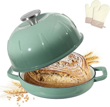 Davivy Sourdough Dutch Oven Bread Oven, 5QT Enameled Cast Iron Bread Pan Sourdough Pan, Bread Cloche Dutch Oven with Slicone Oven Mitts - Light Green