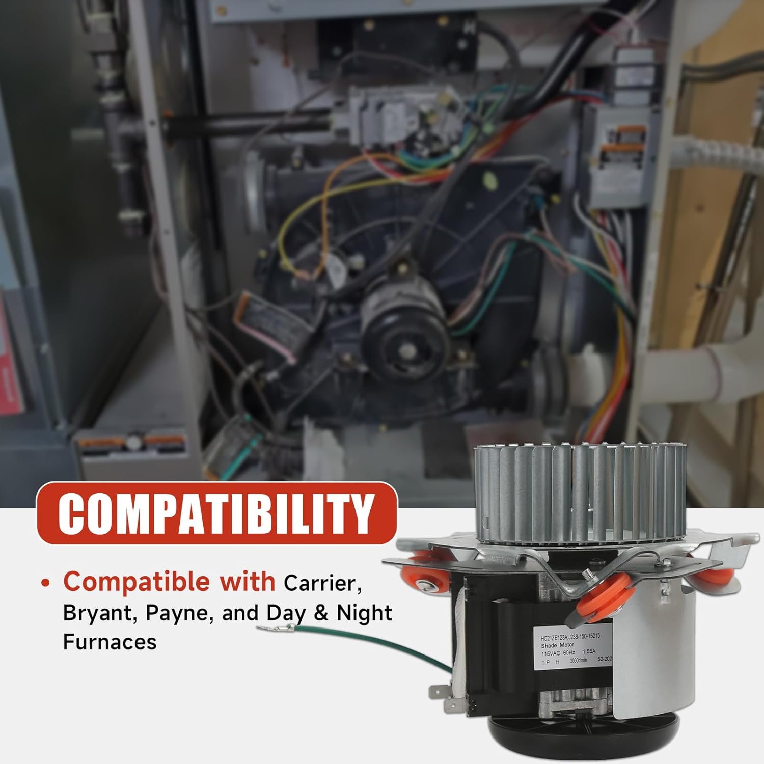 HC21ZE123A Furnace Draft Inducer Blower Motor Assembly Compatible with Carrier/Bryant/Payne and Jakel Furnaces Models Replace# HC21ZS123 HC21ZE123 J238-150-15215 J238-150-15215AT