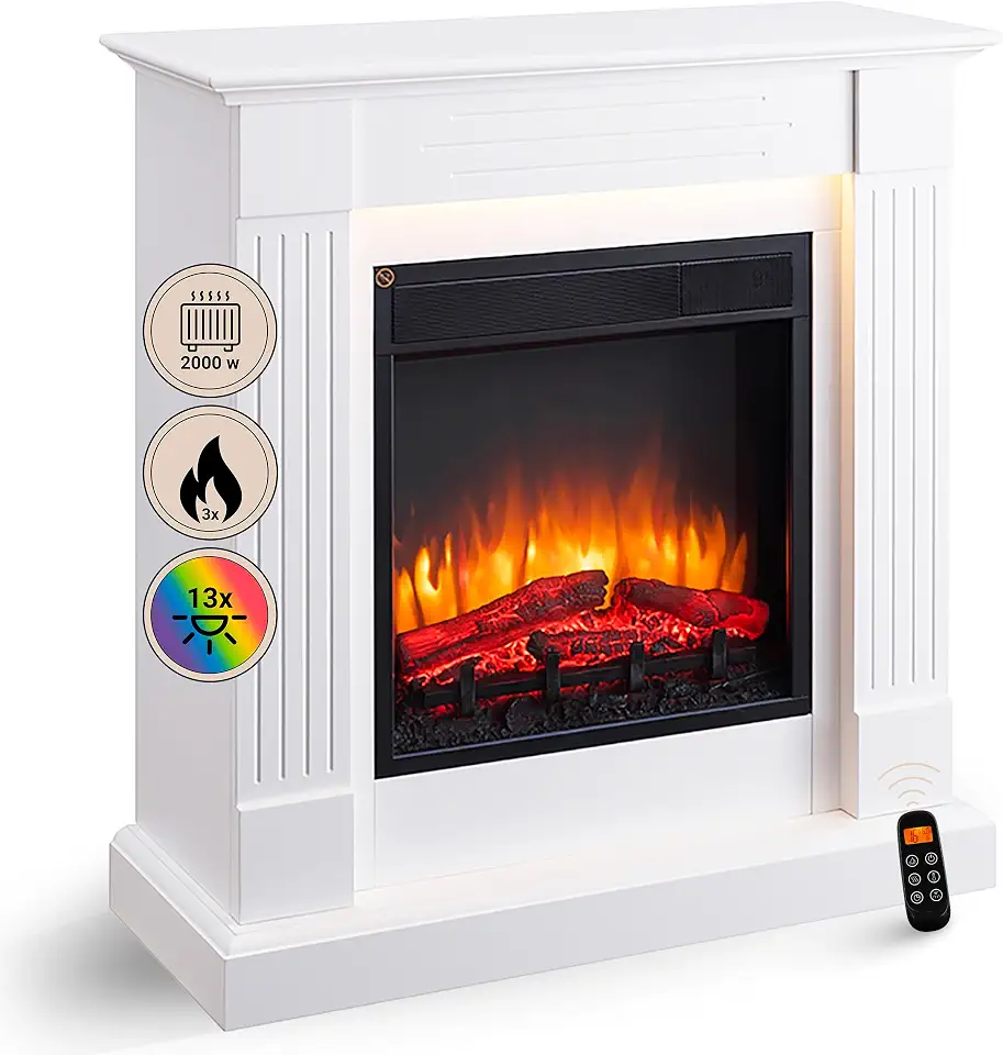 Kuschelige Hotels mit Kamin 3 BALDERIA Elektrokamin Ladina - Elektrischer Standkamin mit 3D-Flammeneffekt, Elektro Heizung 2000W, LED-Beleuchtung, Fernbedienung, Timer & Thermostat - Weiß