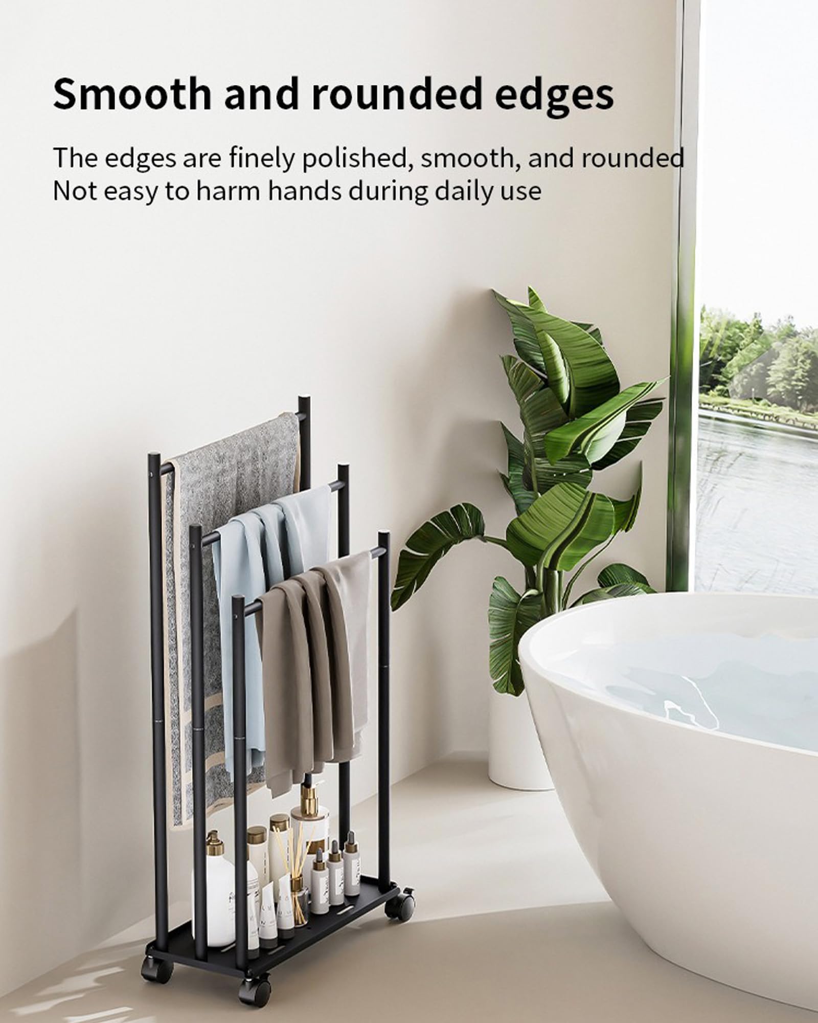 Porte-Serviette Salle de Bain à 3 Niveaux, Sèche-Serviette sur Pied Noir avec Roues, Étagères, Gagnez de l'espace, Étagère pour Couverture, Serviettes de Bain, pour Salle de Bain, Piscine,Blanc