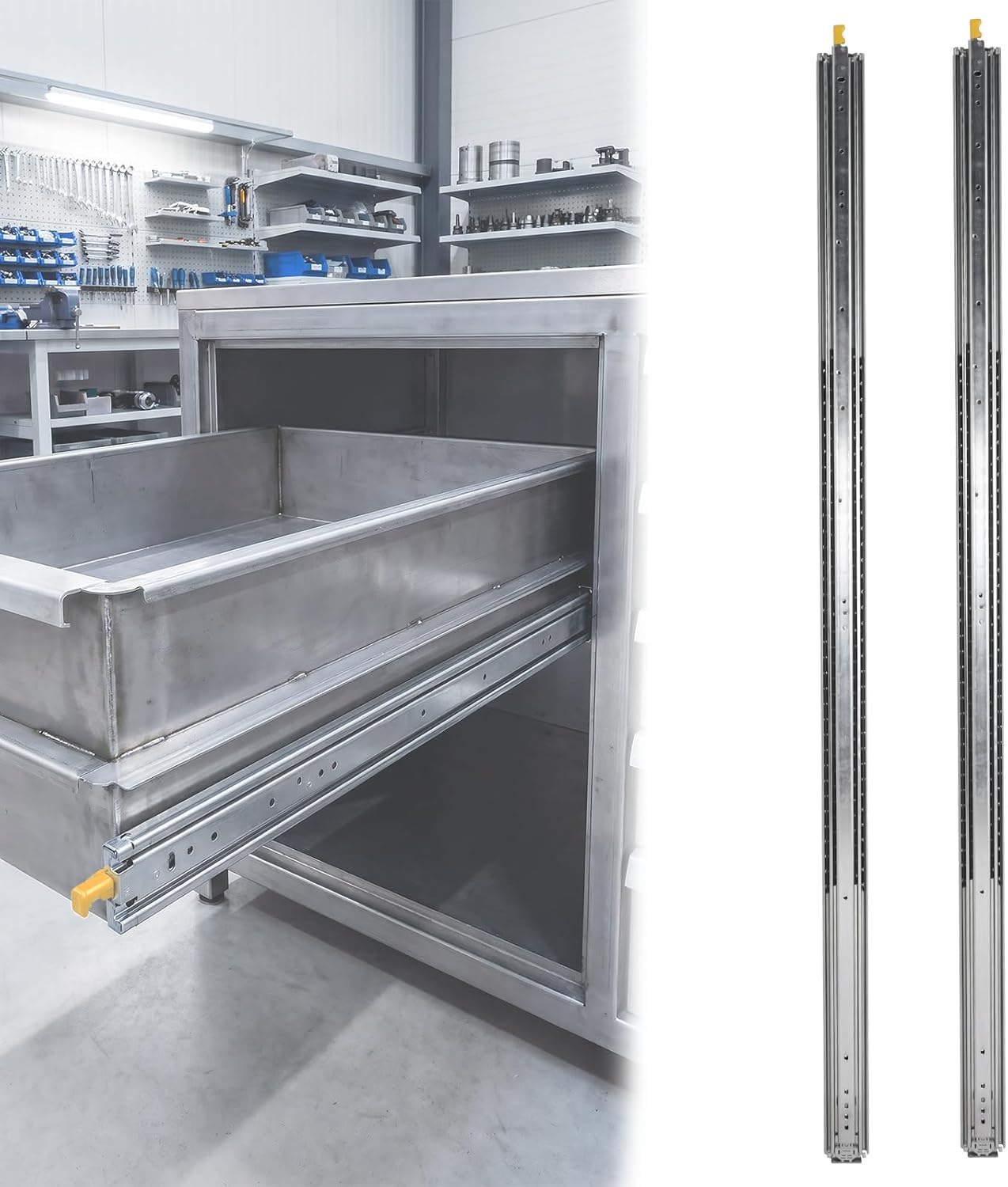 Generic 1 Pair Heavy Duty Locking Drawer Slides 76mm Wide Noiseless Bearing About 226kg Full Extension Industrial Locking Rail with Lock for Kitchen Cabinets Wardrobes Office Furniture