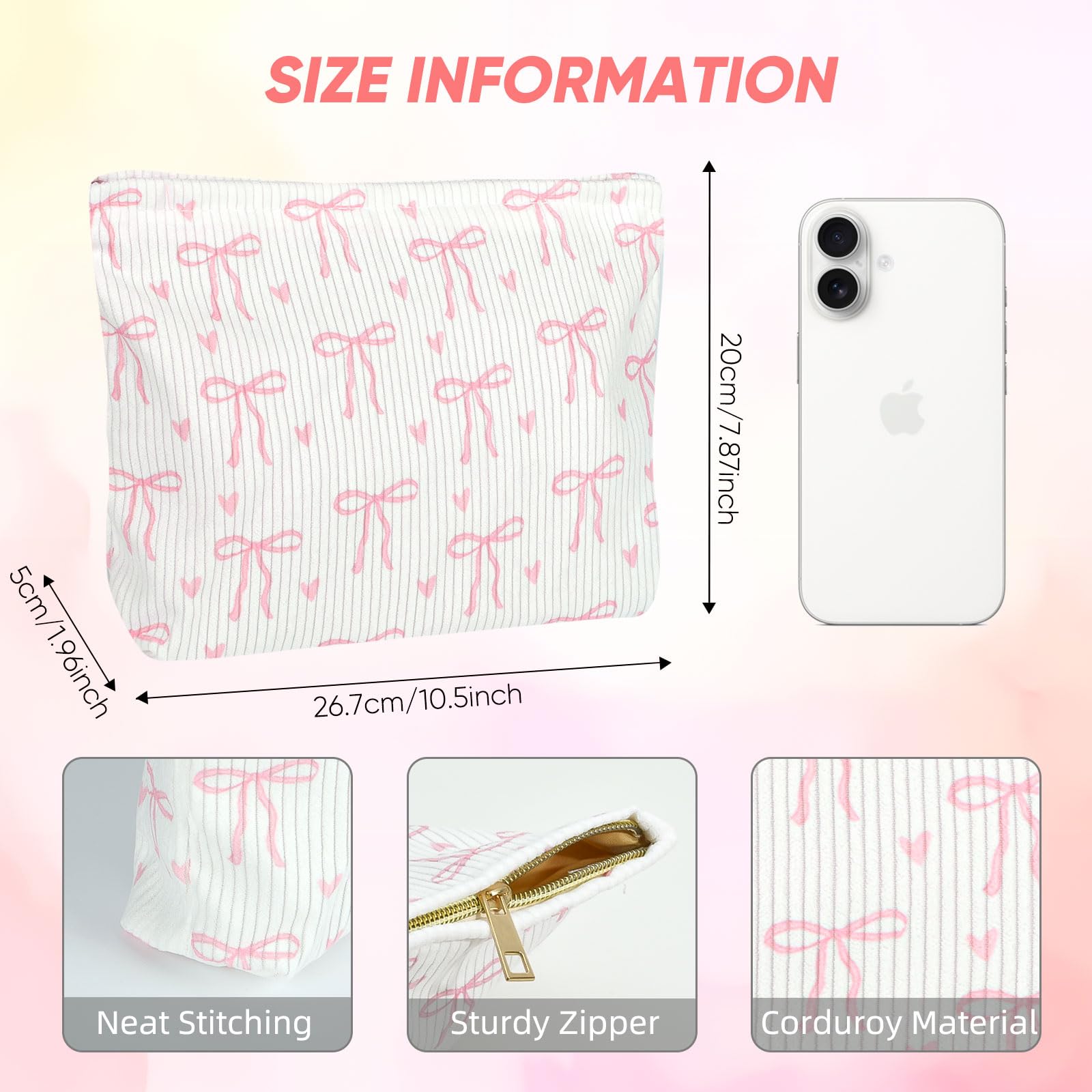 Ksriylm Pink Bow Cosmetic Bag for Women,Cute Canvas Toiletry Organizer Storage with Purse Zipper,Small Multifunctional Travel Makeup Bag,Aesthetic Travel Toiletry Bags - Image 2