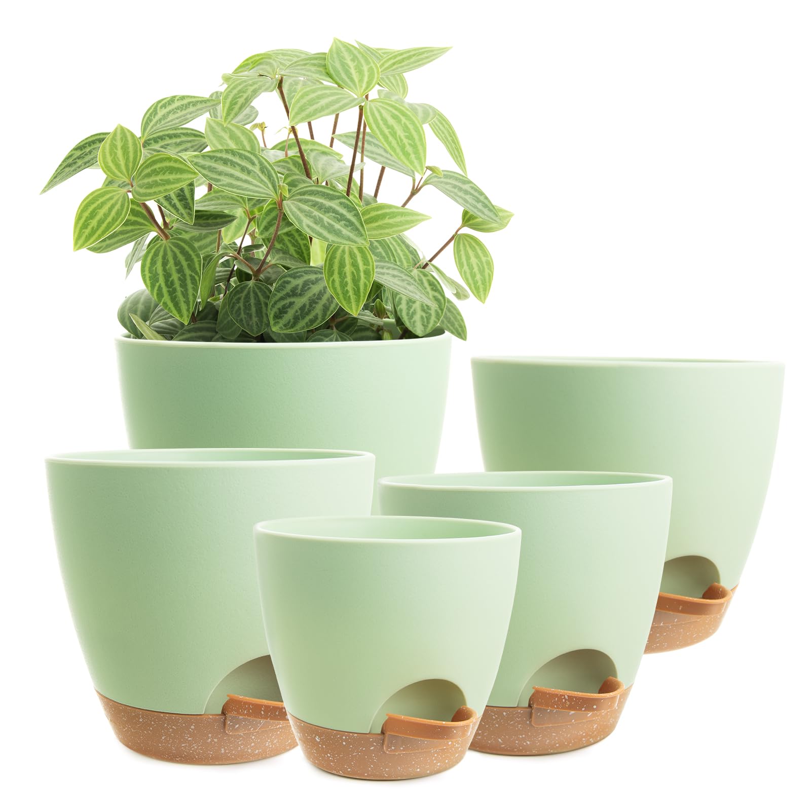 XXXFLOWER 5 Pack Self Watering Planters Plastic Plant Pots with Drainage Holes and Saucer Planting Pots Set for for Indoor Outdoor Plants-Green
