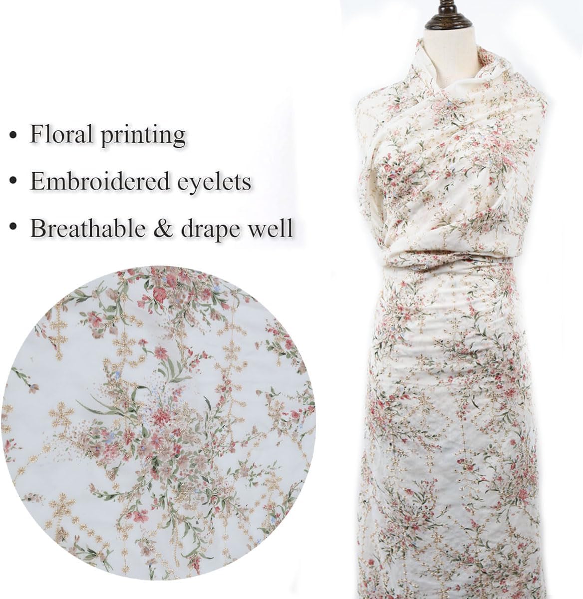 Embroidered Eyelets Chiffon Fabric Drape Floral Printing for Dresses Making 60 inch Wide (Off-White, Pre-Cut 2 Yards)