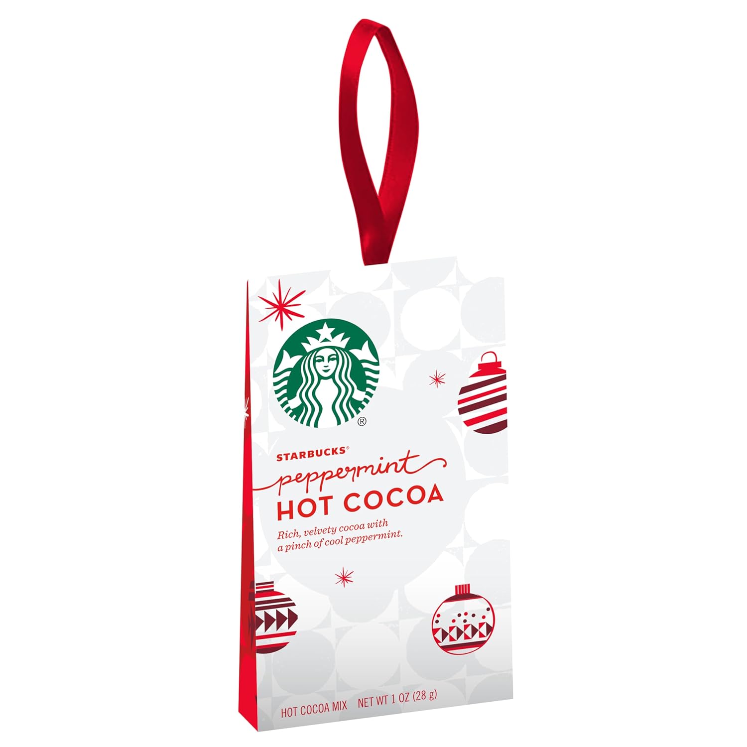 Starbucks Hot Cocoa Mix Ornament, Peppermint Hot Cocoa, Velvety Cocoa with Peppermint, Hanging Holiday Ornament Hot Cocoa Mix Packet, 1-Ounce (Pack of 12)