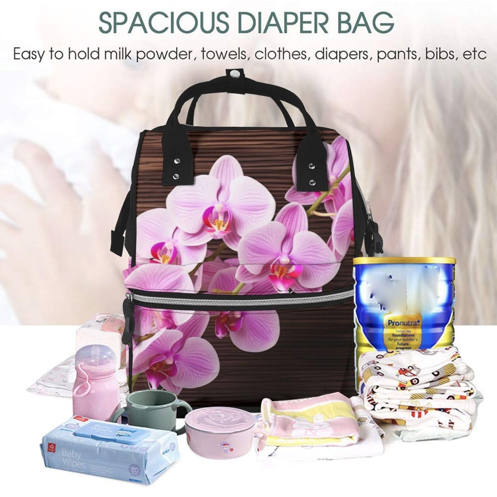Sac à langer multifonction avec motif fleur d'orchidée, sac à dos de maman, sac à dos de grande capacité, sac de voyage pour bébé, avec matelas à langer, porte-tétine