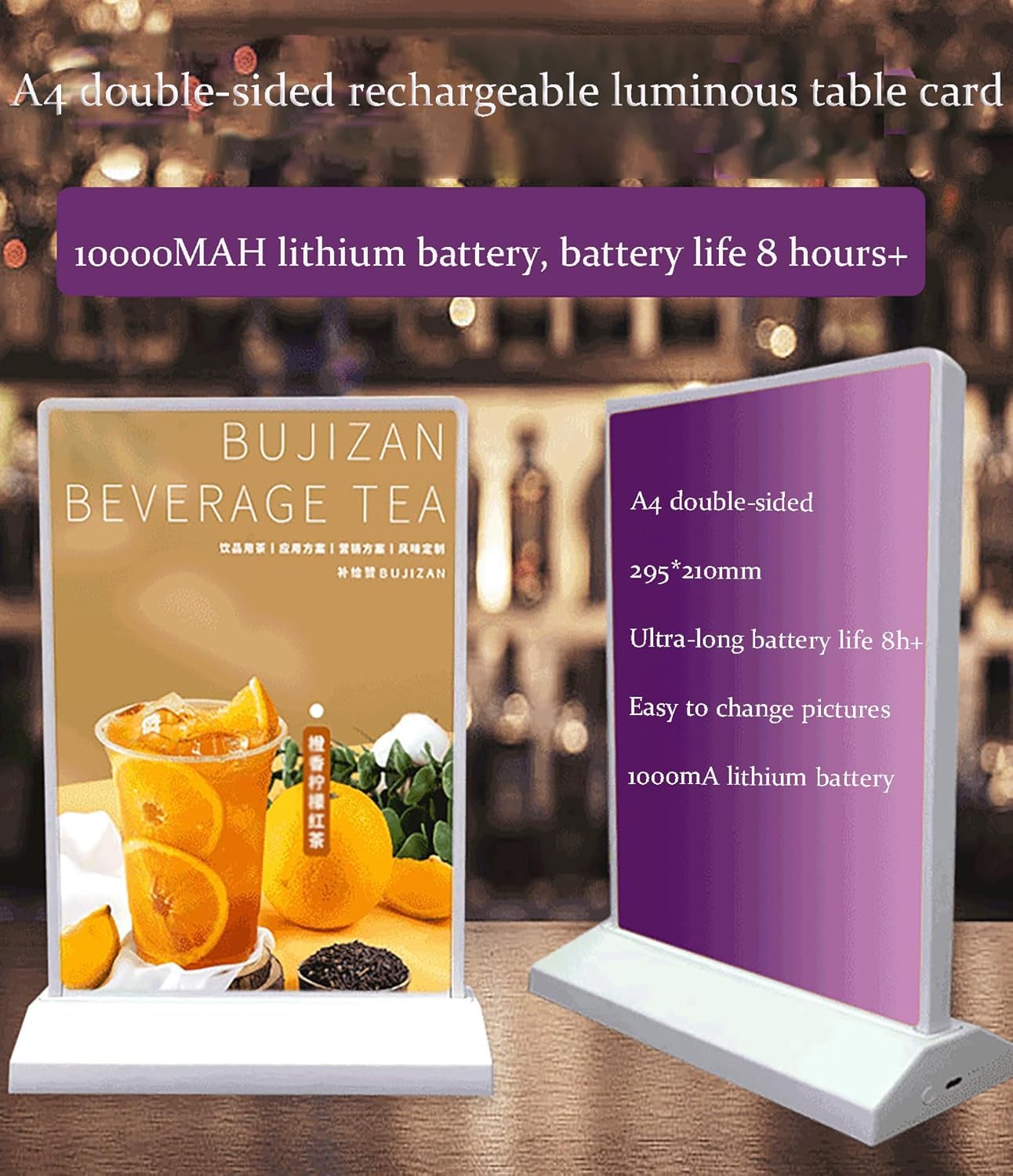 Expositor publicitario de doble cara con base, soporte de menú recargable, soporte de menú de mesa iluminado para oficina, tienda