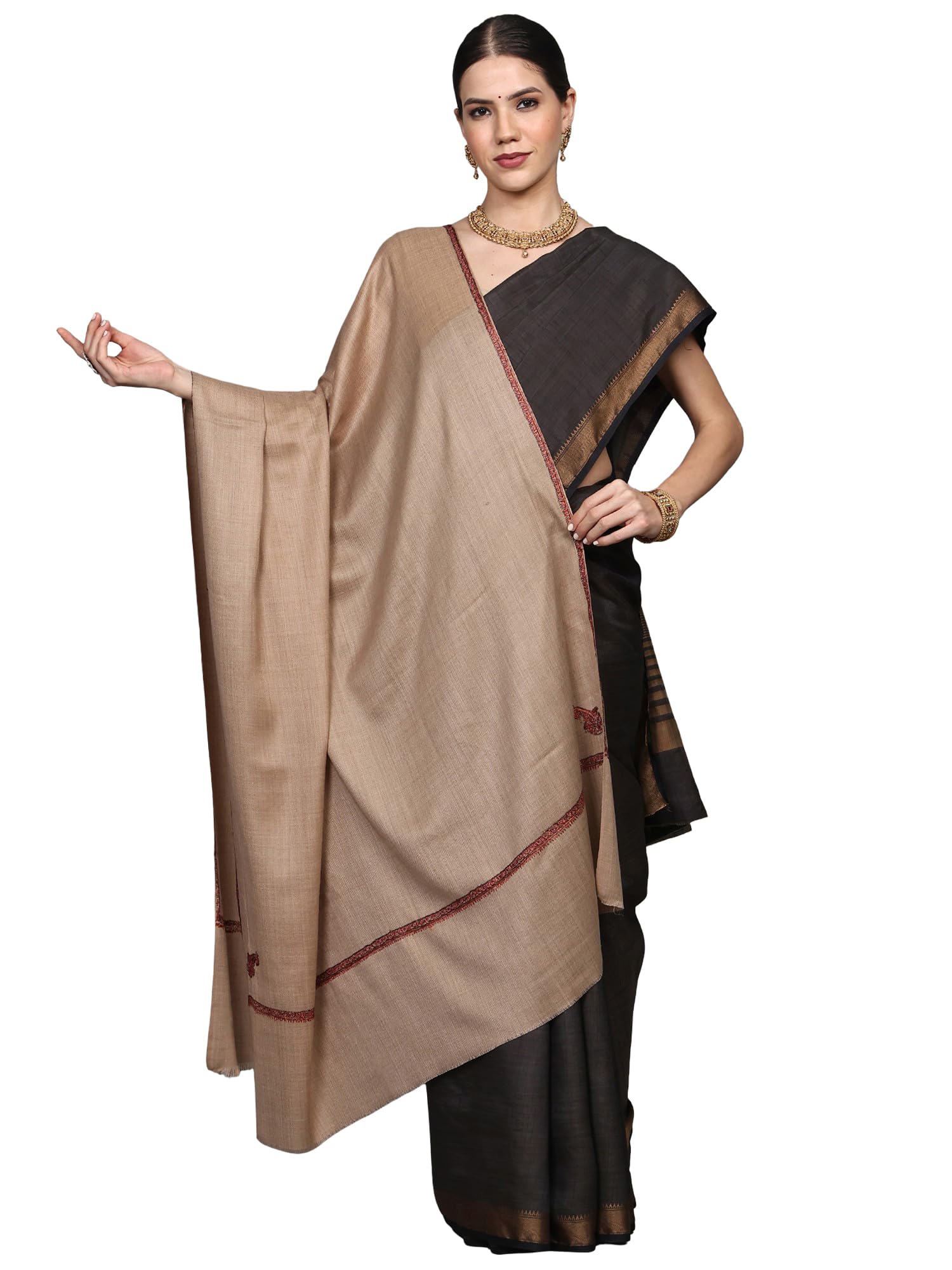 Exotic India Plain Kashmiri Kingri Shawl with Sozni Hand-Embroidery on Border