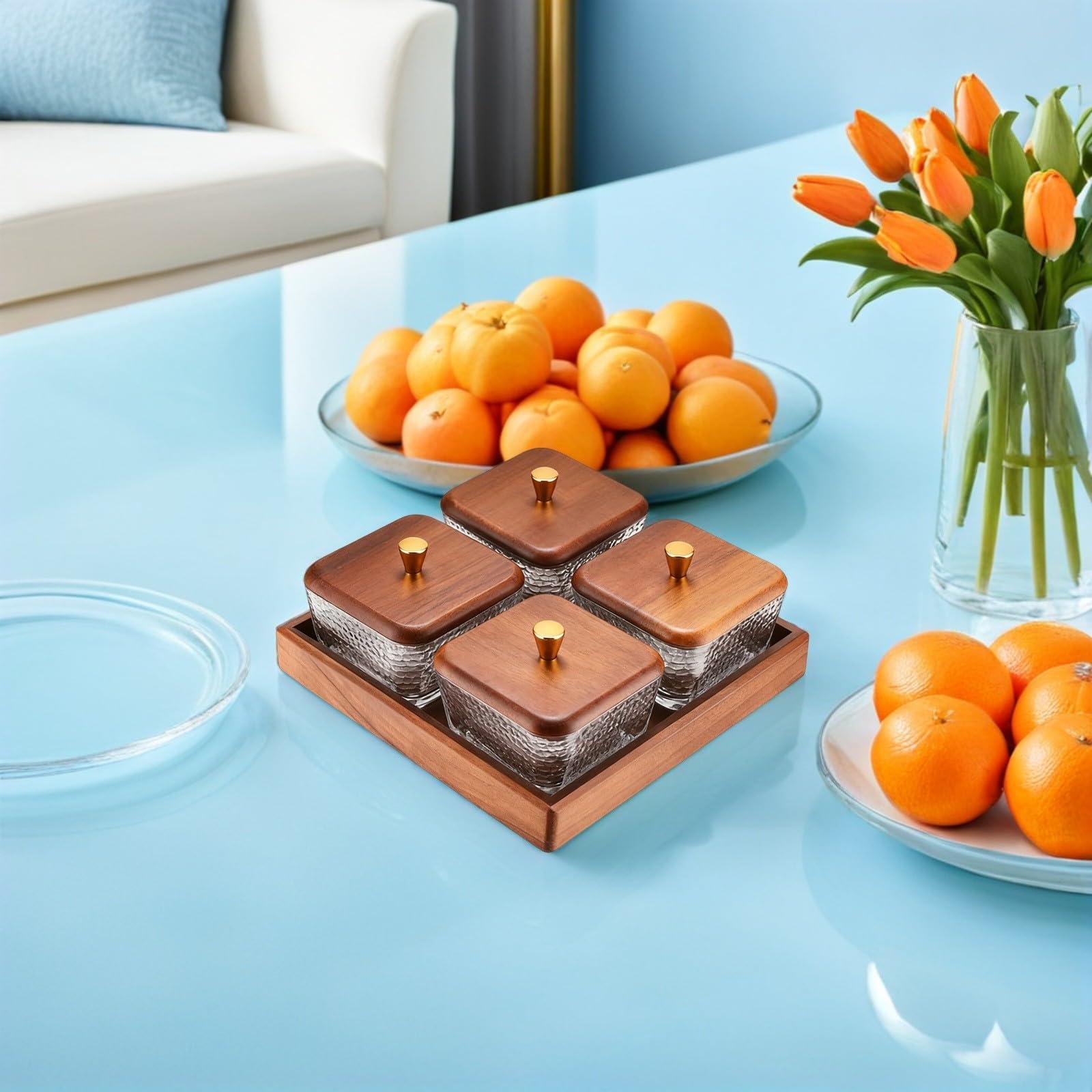 Zerodeko Bandeja de Fruta de Madera y Vidrio con 4 Compartimentos, Diseño Dividido para Organizar Snacks y Mantener Frescos, Adecuado para Despensa de Cocina y Eventos al Aire Libre