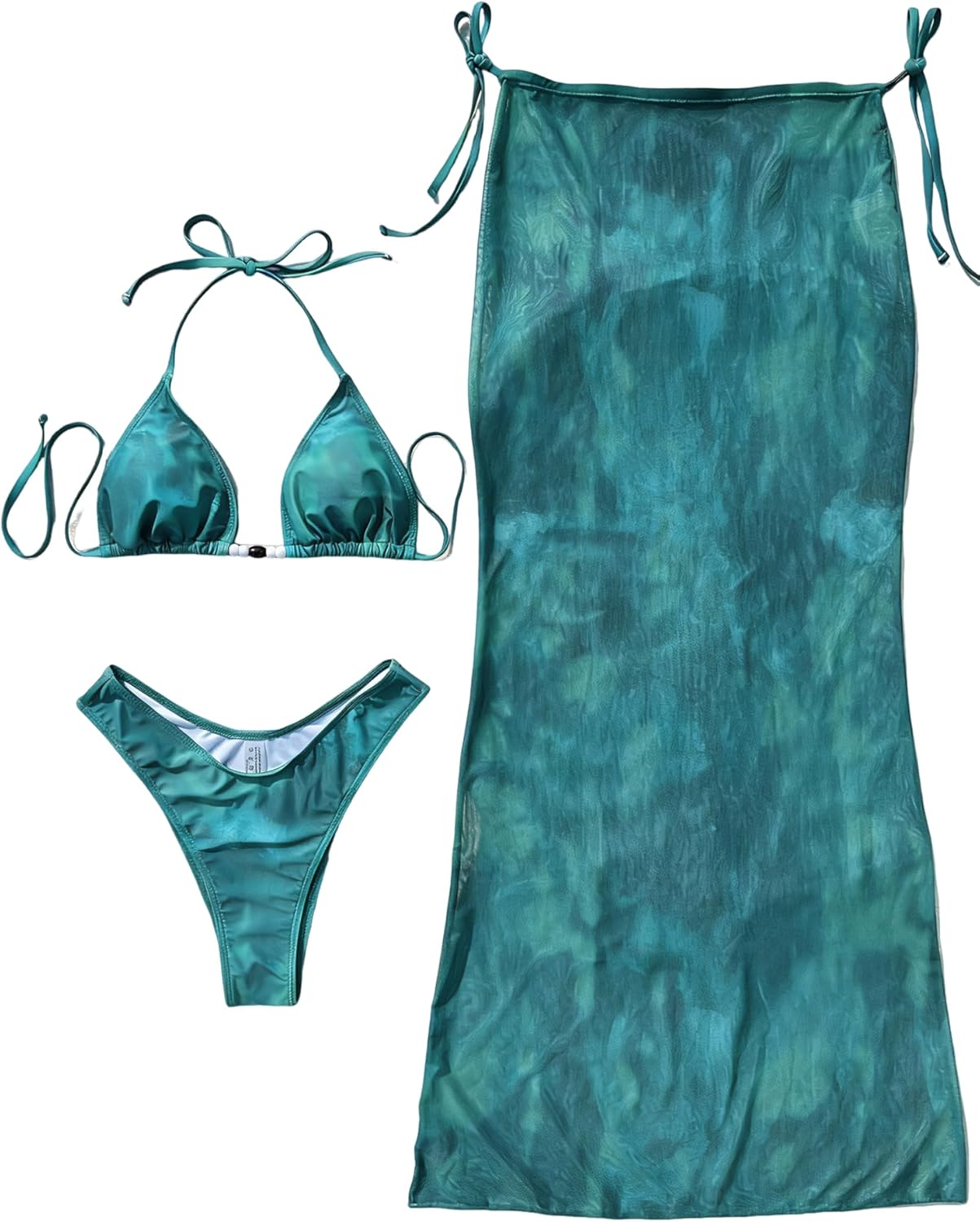 SherryDC Women's 3 Pieces Swimsuit Sexy High Cut Triangle Halter Tie Side Bikini Set Bathing Suit with Mesh Cover up Skirts