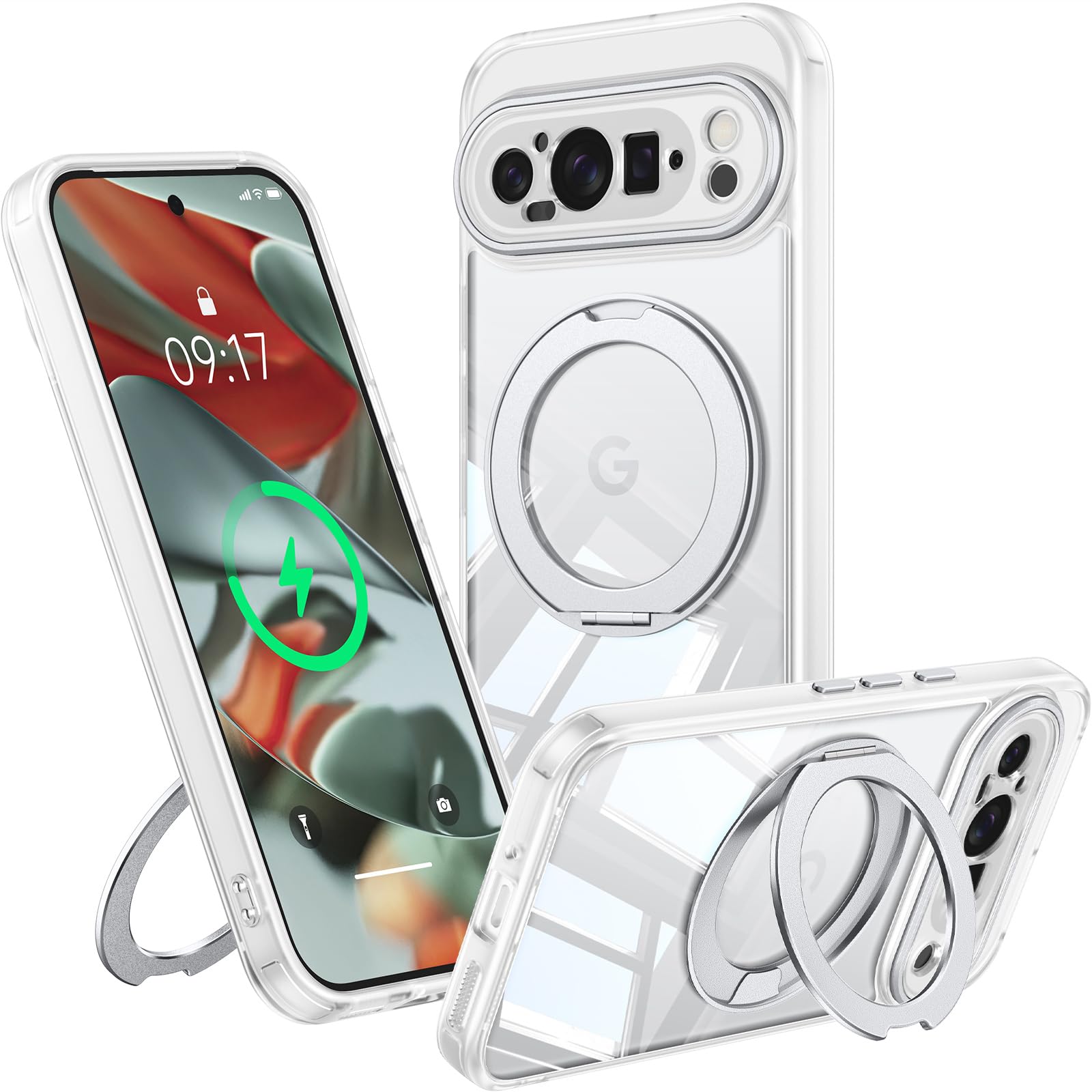 Photo 1 of ?360° Spin Magnetic Stand? Case for Google Pixel 9 Pro ?Fit for MagSafe & Pixelsnap? Cover with Ring Holder ?No-Yellow Crystal Clear? Camera Protection Phone Google Pixel 9 Pro Case - Clear