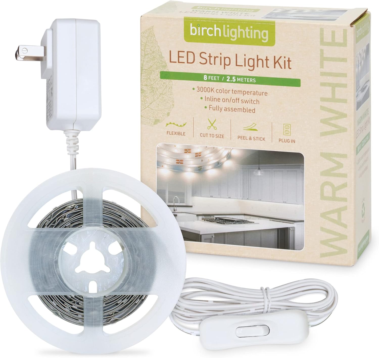 Complete LED Strip Light Kits (Warm White) 8 ft Flexible Tape 3000K Under Cabinet Plug-in Power Supply 318320