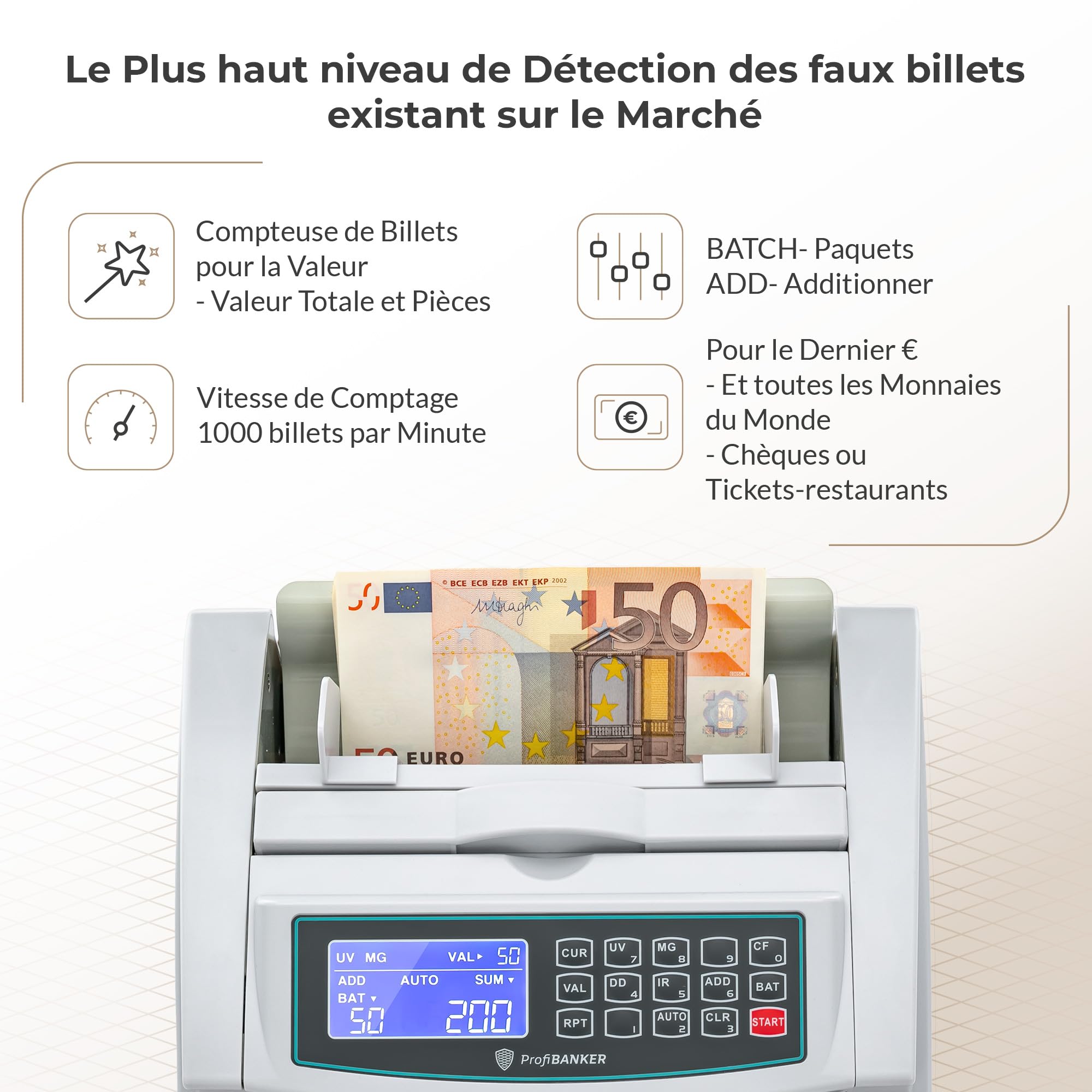 2550 banconote per offrire conteggio dei biglietti e totalizzazione dei valori - Contatore biglietti con rilevamento banconote false su MG-UV-IR
