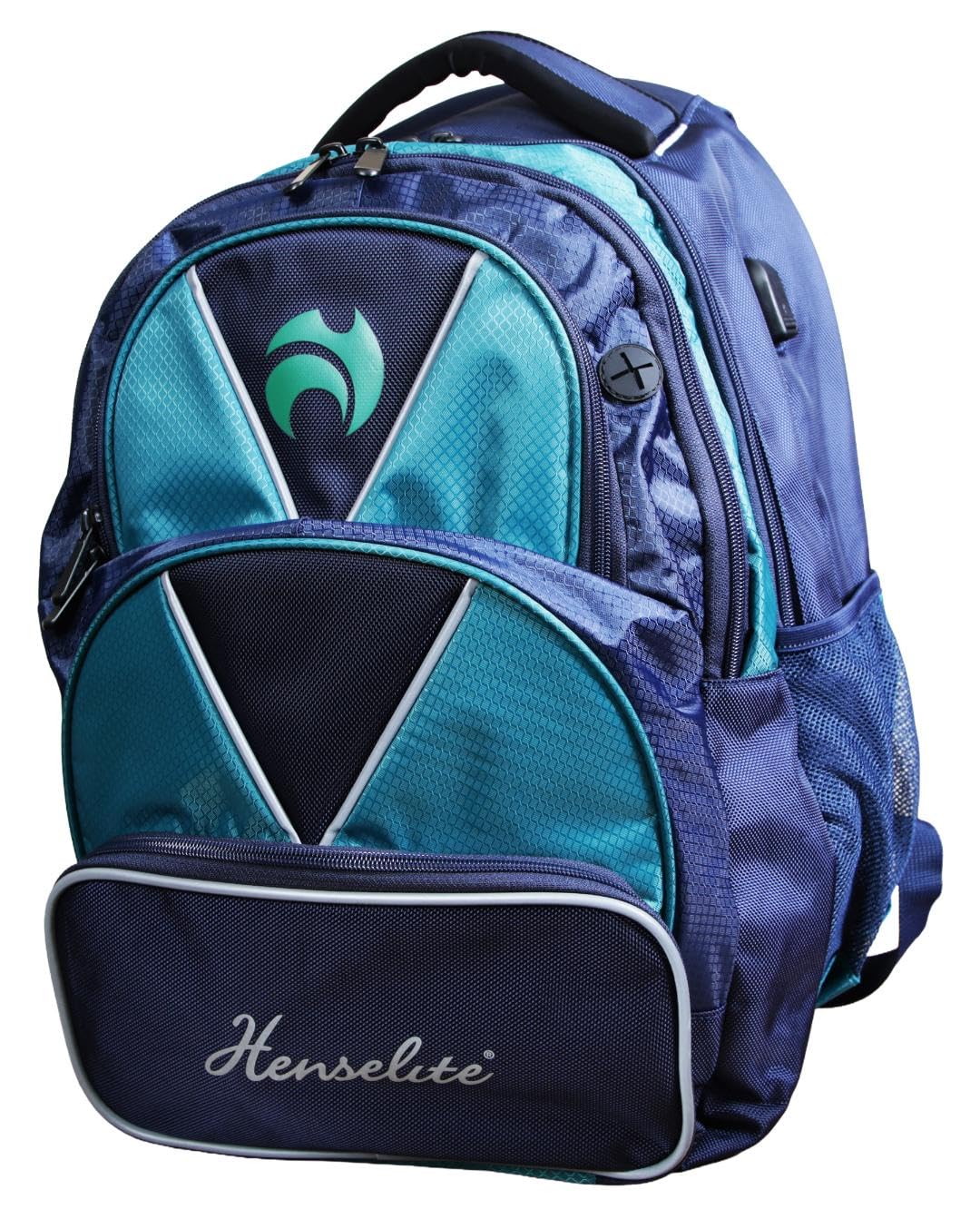 Henselite Lawn Bowls Backpack, Polyester, Holds Four Bowls, 5 Zipped Compartments, Built-in USB Charging Port, 40x37x40cm (Navy & Teal)