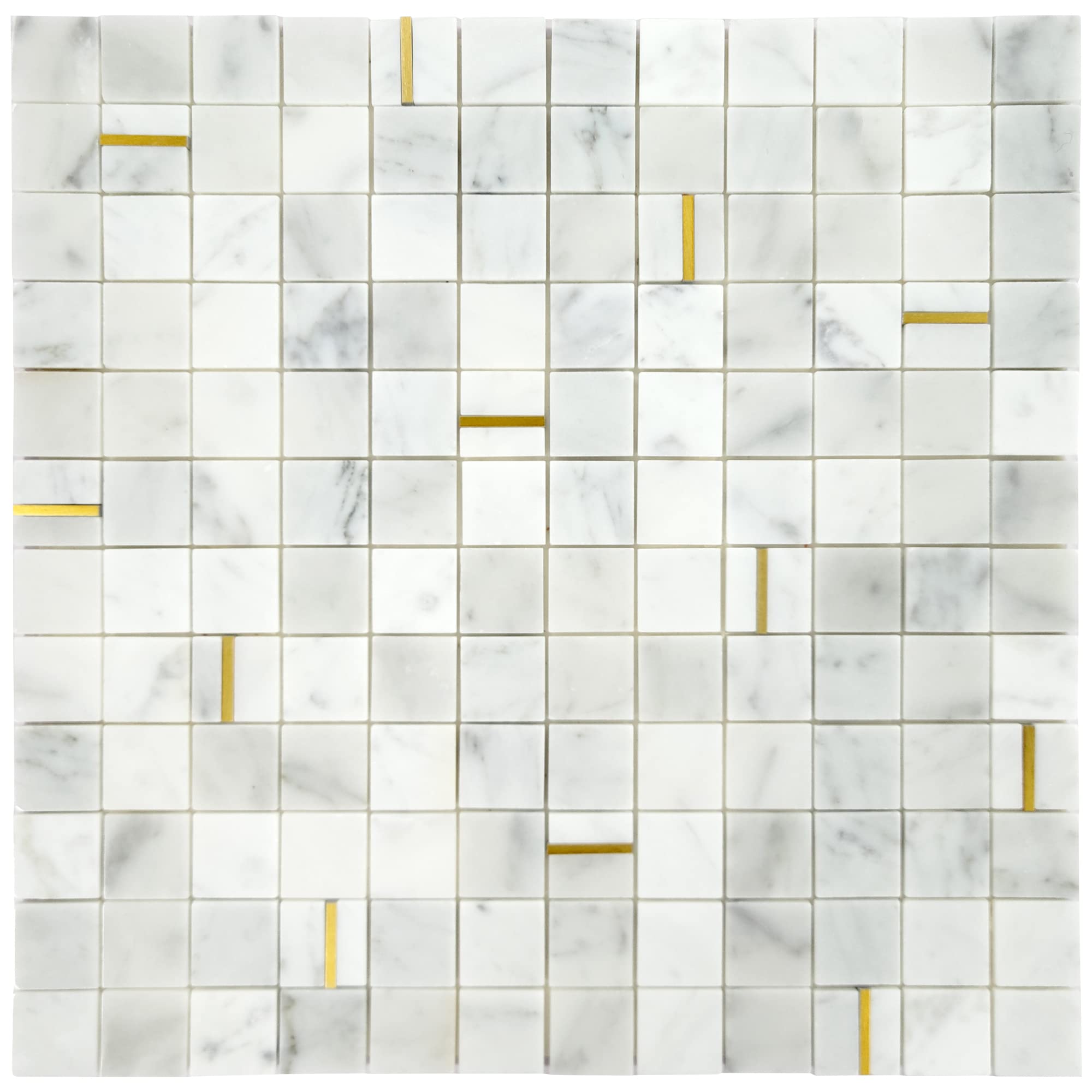 The Tiles Plaza Peel and Stick Stone Mosaic Backsplash Tile. White Carrara Marble with Gold Metal Self Adhesive Tile, Square Stick on Tile for Kitchen Bathroom Fireplace, 5 Sheets