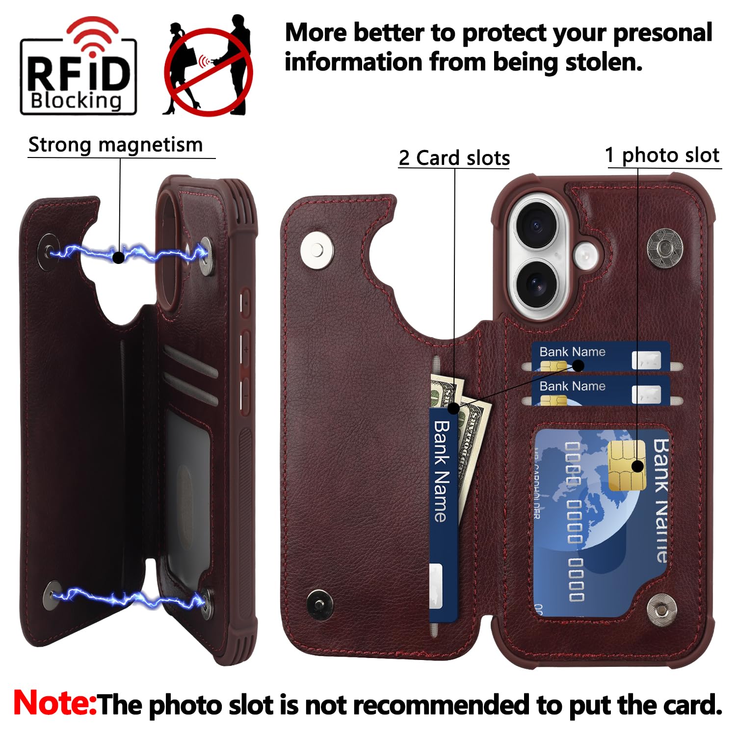 VANAVAGY Compatible for iPhone 16 Plus Wallet Case with Credit Card Holder,Rfid Leather Flip Folio Phone Cover Fits Magnetic Car Mount and Stand with Screen Camera Protector,burgundy - Image 3