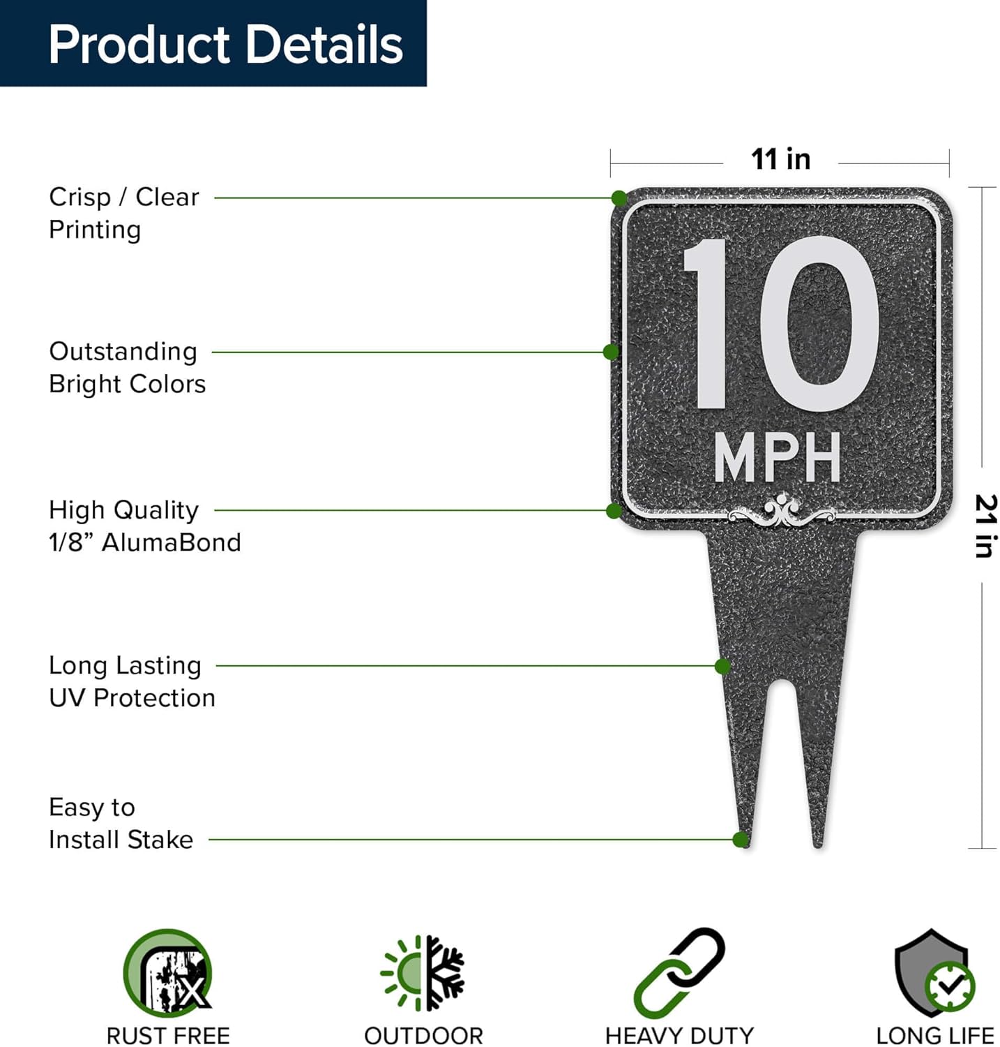Speed Limit 10 MPH Square Sign, 11"x21", Heavy Duty Integrated Ground Stakes, Indoor/Outdoor Use, Rust Free Aluminum Composite, Made in USA by My Sign center