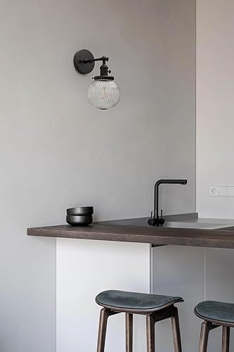 Miniatura 8 de PERMO Aplique de pared industrial vintage con mini pantalla de cristal acanalado redonda transparente de 5.9 pulgadas (negro)