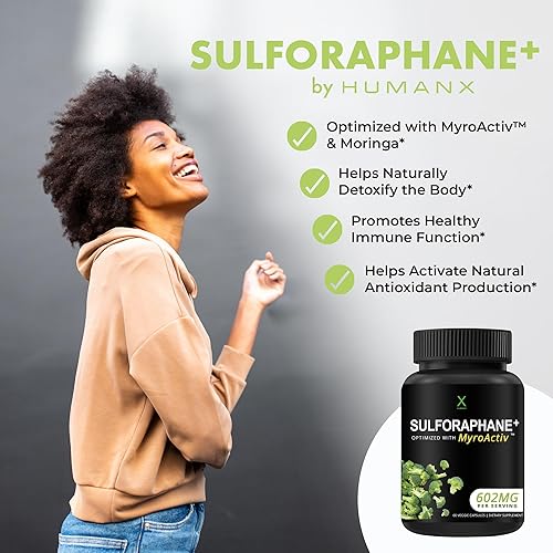 Miniatura 3 de HUMANX Sulforaphane+ 602mg - Probado por terceros en Estados Unidos - Sulforafano con extracto de semilla de brócoli y moringa - Apoya la producción