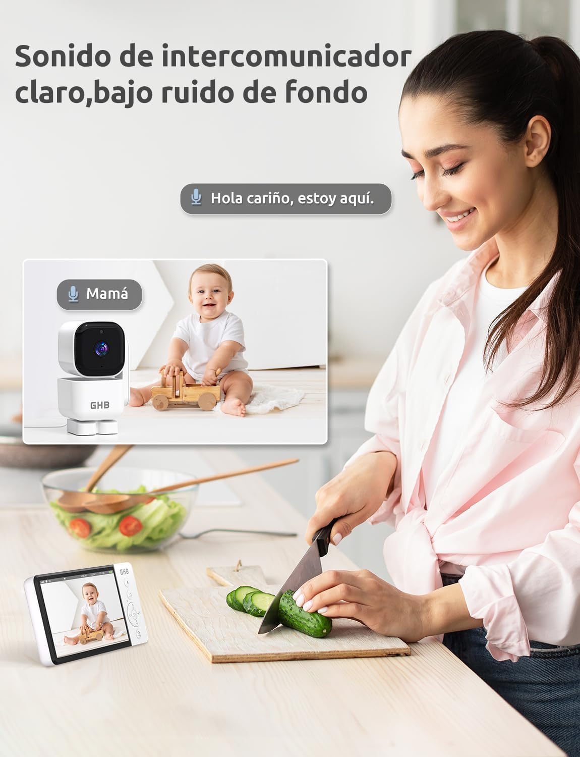 GHB Camara Vigilancia Bebe 5" 720P HD IPS Rotación de 350° Duración 7X 24 Horas Vigilabebes con Camara Visión Nocturna Comunicación Bidireccional Escucha Bebes VOX 4xZoom