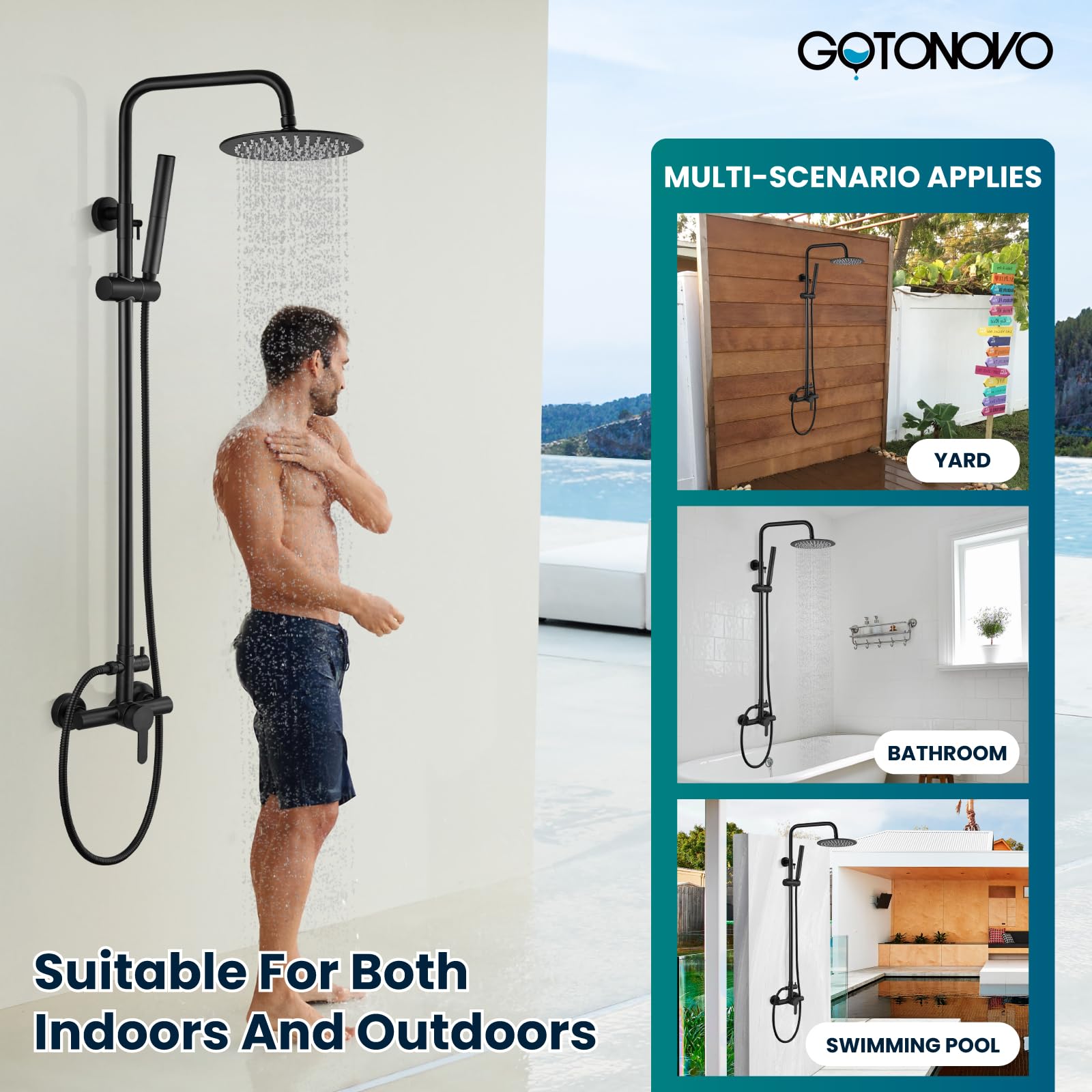 gotonovo Grifo de ducha al aire libre Sets Matte Black 304 Cabezal de ducha de acero inoxidable con 2 en 1 cilindro de mano Spray 2 función ducha expuesta conjunto conjunto montaje en pared sola