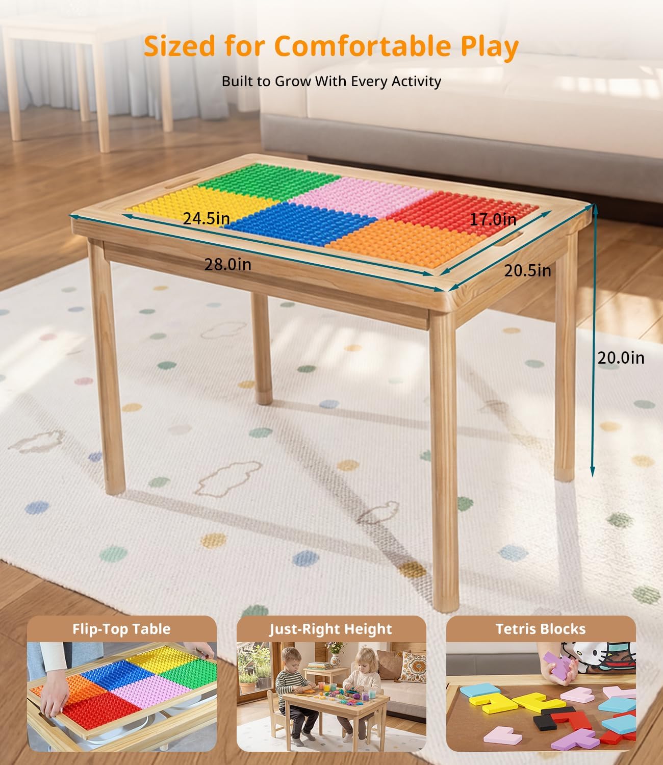 2-in-1 Building Blocks & Russian Puzzle Table with Interchangeable Panels,4 Foldable Storage Bins, Creative & Brain Puzzle Play Table for Kids 3-8, Stem Learning Activity
