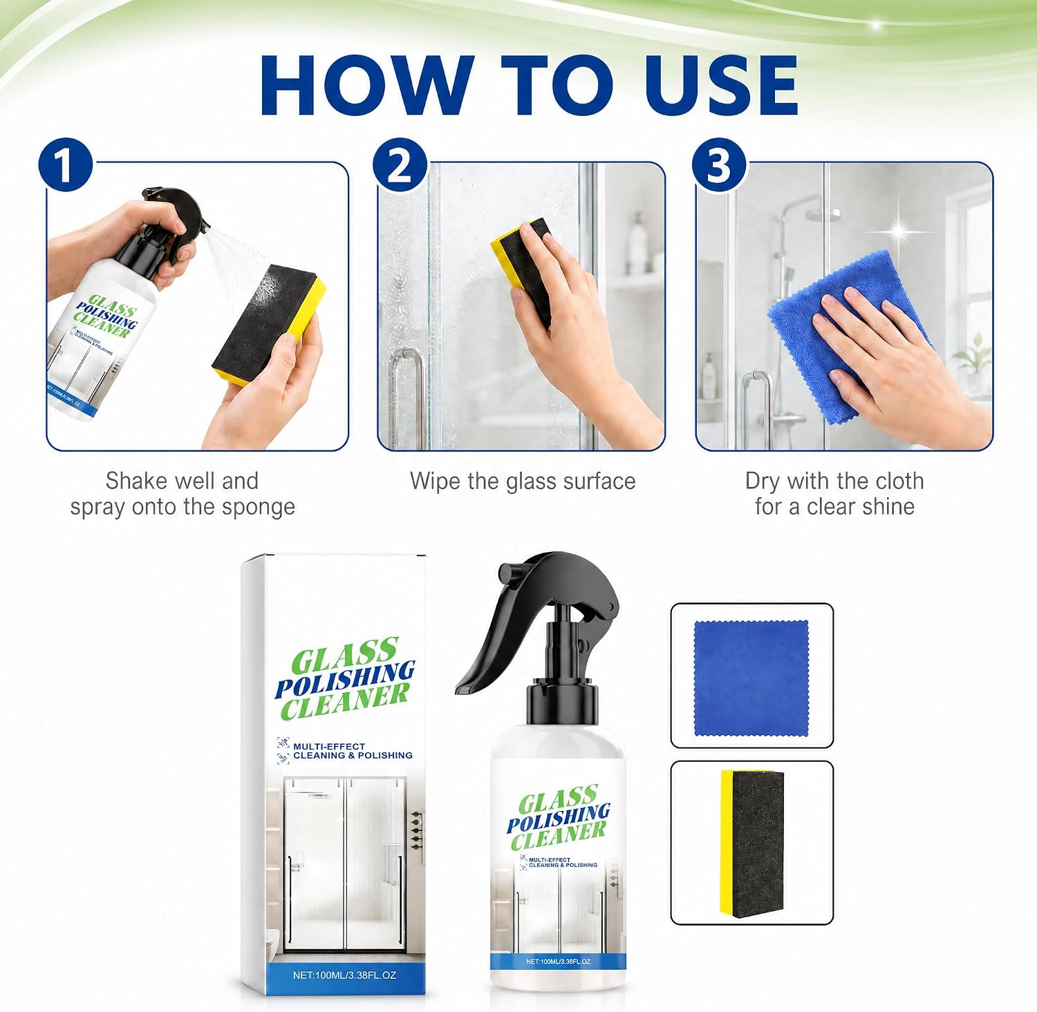 Glass Polishing Cleaner 3.38 fl.oz, Shower Door & Window Spray