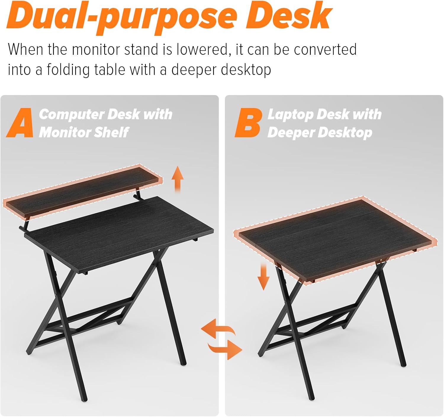 WOHOMO Folding Computer Desk with Adjustable Height, 23.6" x 31.5" x 25.6" Foldable Table with Monitor Stand, Small Office Desk for Bedroom, Space Saving Desk for Home Office, Easy Assemble, Black