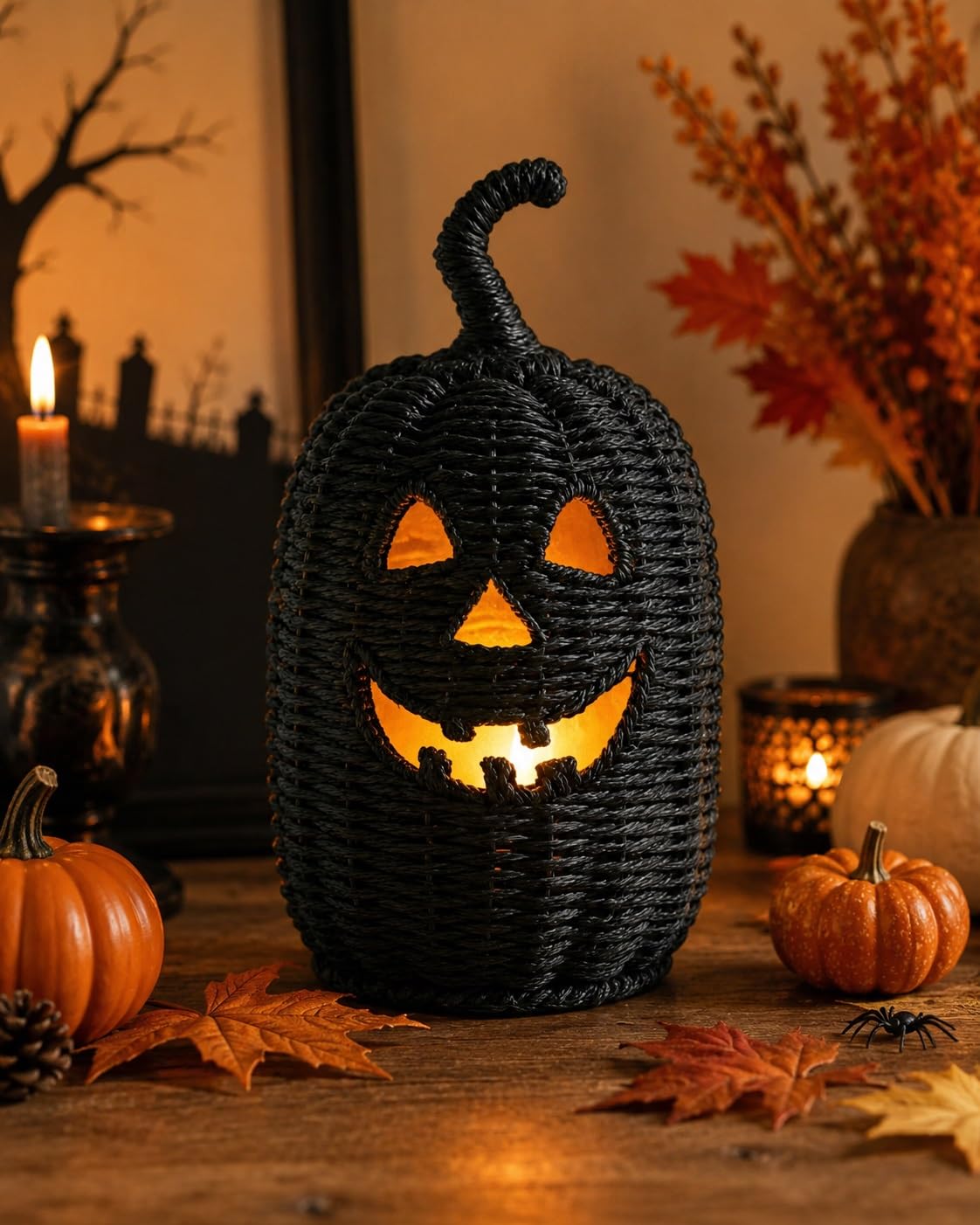 Halloween Woven Seagrass Pumpkin Lantern with Witch Hat Lid
