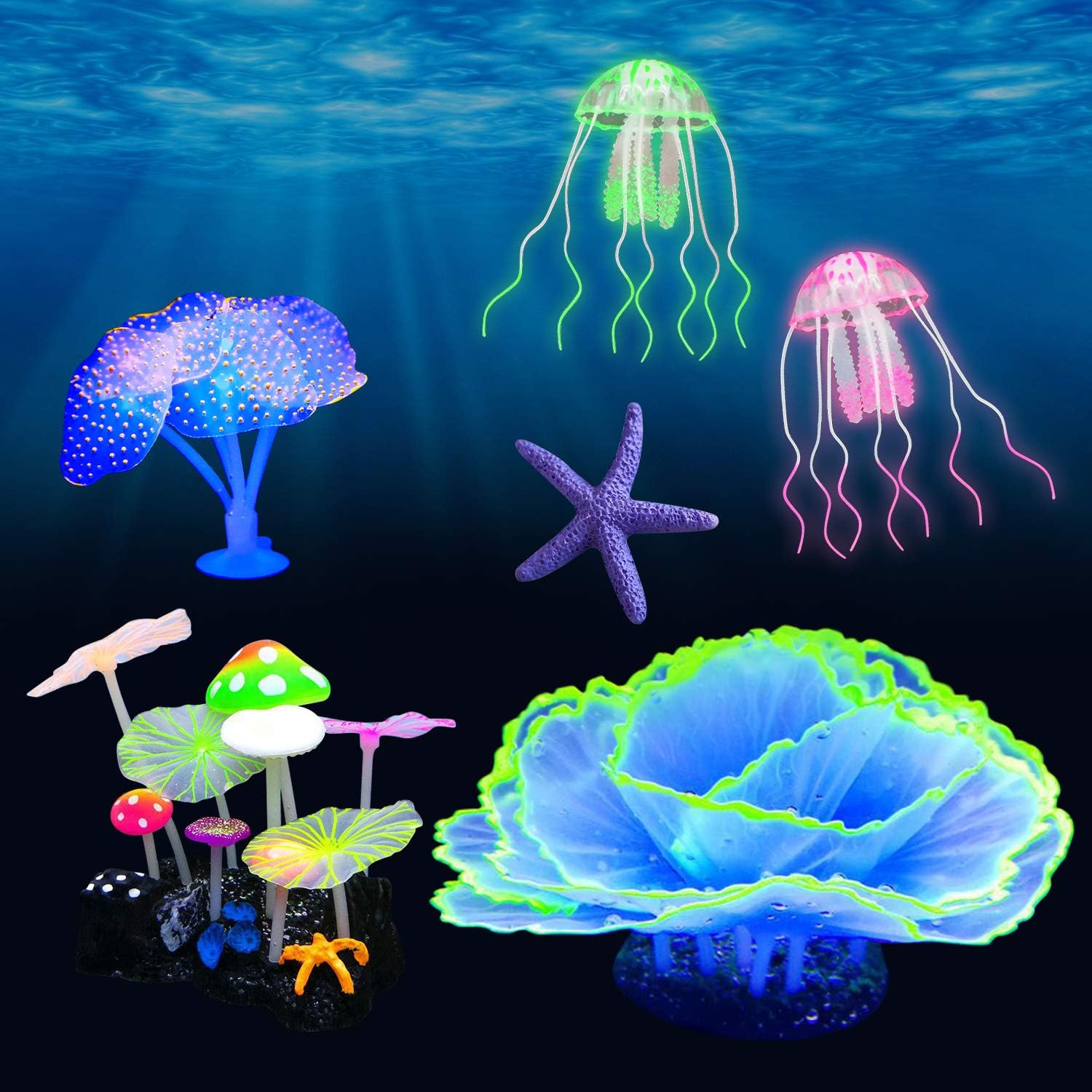 6 Pack Glowing Aquarium Decorations Simulation Glow Plant for Fish Tank Decorations, with Glow Mushroom, Jellyfish, Coral, Starfish