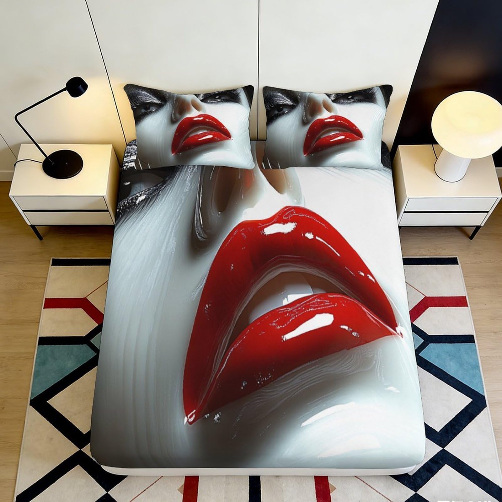 3D Printed Red Lips Fitted Sheet Microfiber Soft Artistic Woman Face Bed Cover for Bedroom Guest Room Decor 90x200x25cm