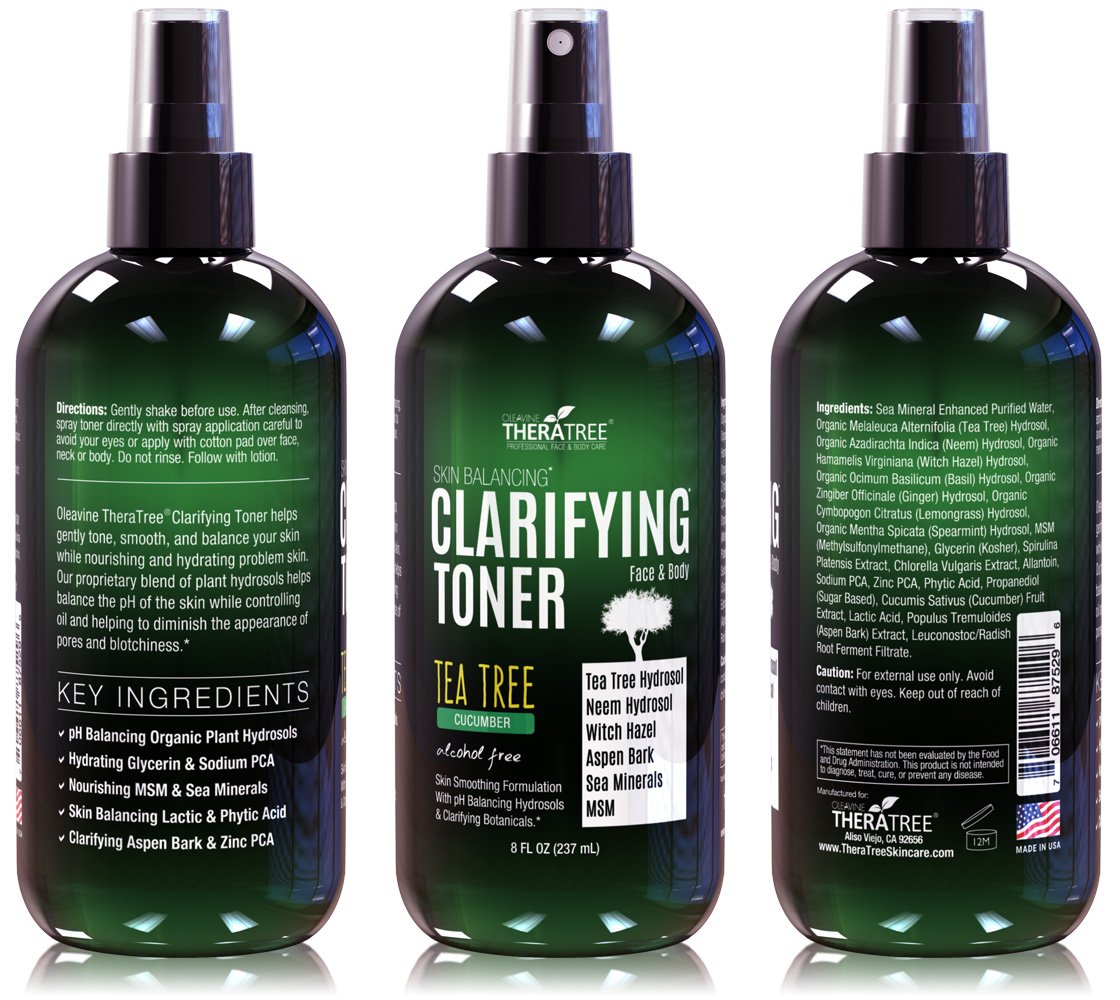 Clarifying Toner with MSM, Tea Tree & Neem Hydrosol, Complexion Control for Face & Body – Helps Reduce Appearance of Pore Size, Controls Oil to Tone, Balance & Hydrate Skin - 8 oz : Beauty & Personal Care