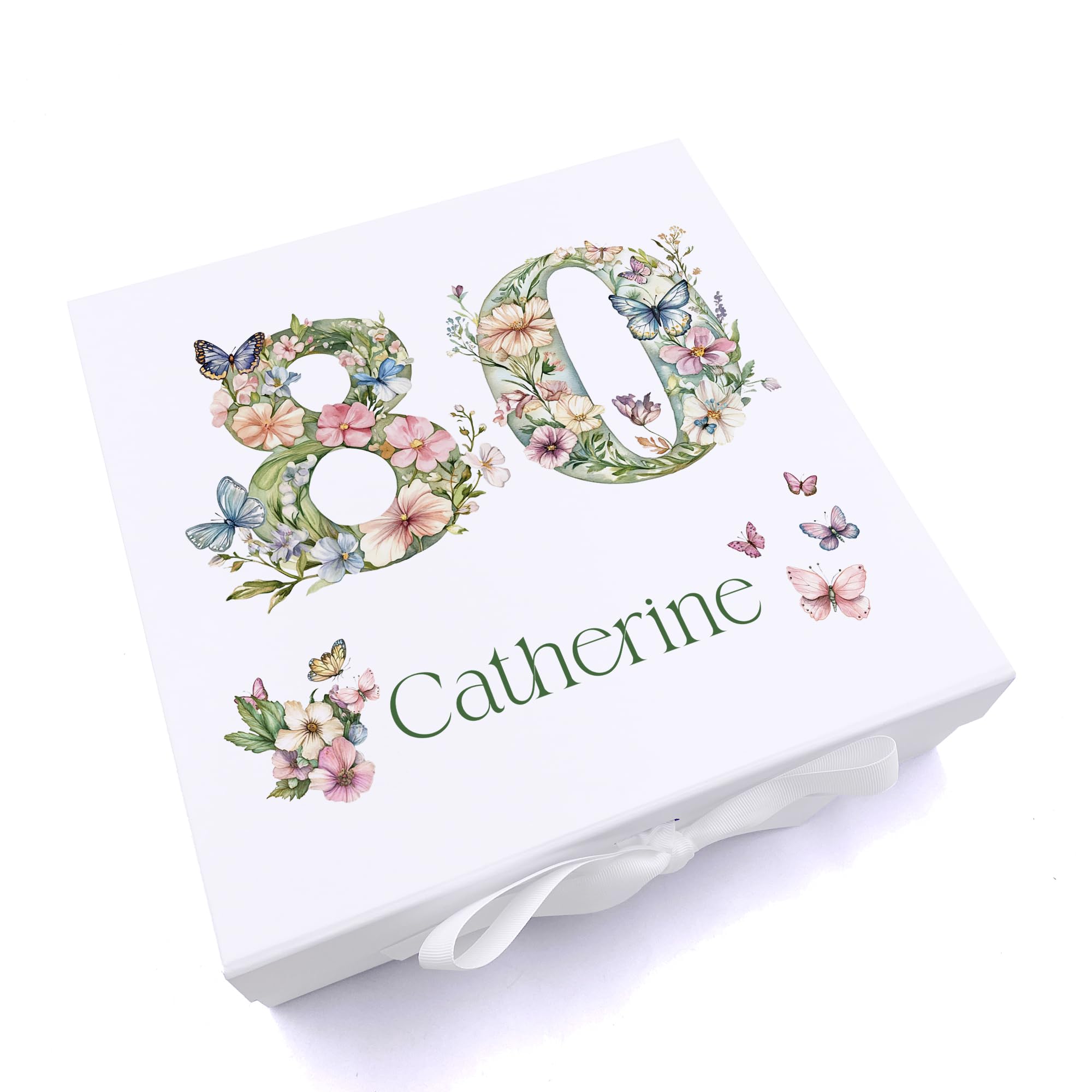 ukgiftstoreonline Personalised 80th Birthday Memory Box, White with Floral and Butterfly Design, Keepsake Gift (Ribbon Box, Medium)