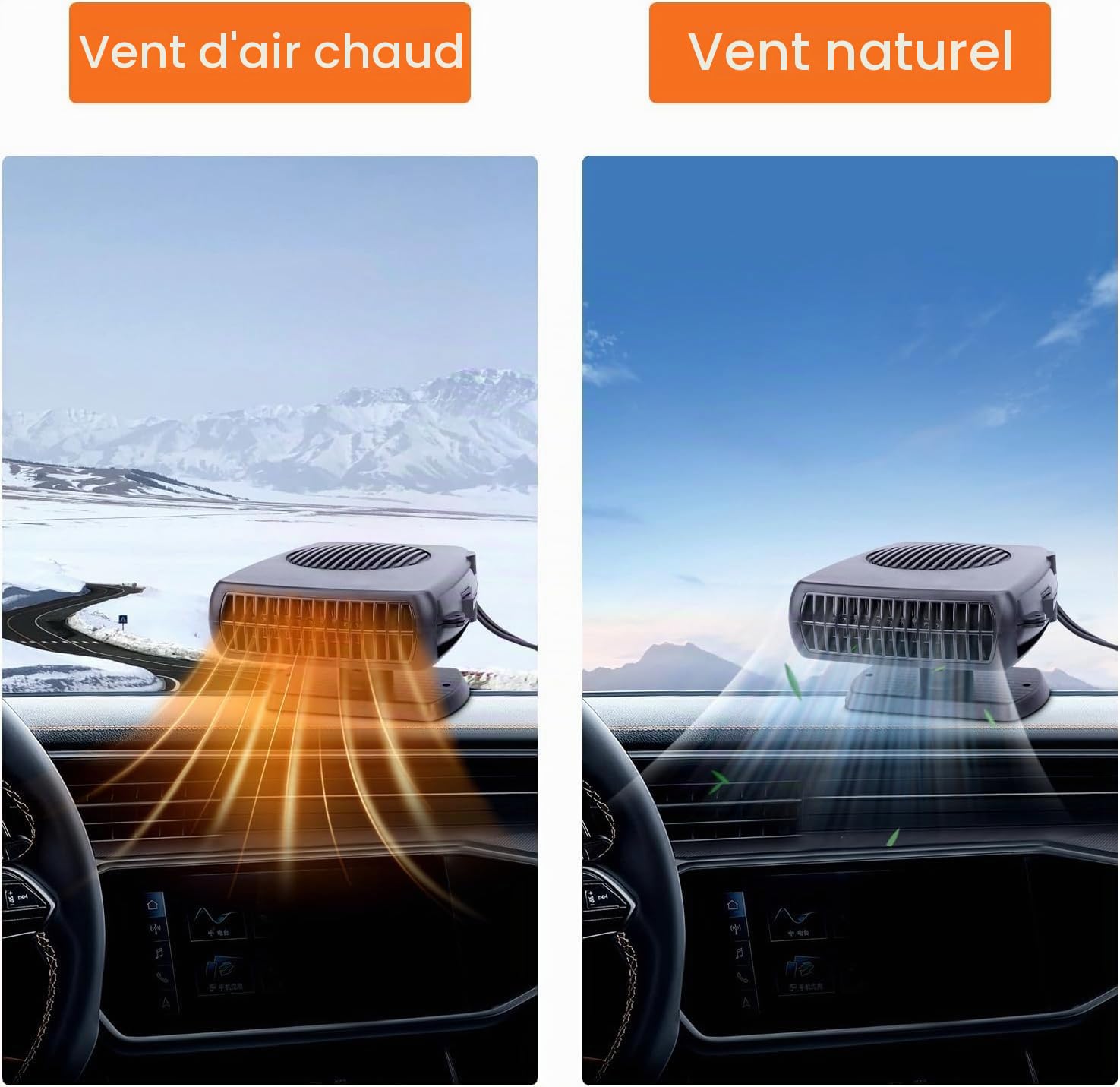 Chauffage de Voiture, 12V 200W Portable Chauffage Rapide - Dégivreur 2 en 1 - Chauffage et Refroidissement de Pare-Brise de Voiture - Se connecte à l'allume-Cigare - pour Voitures, SUV