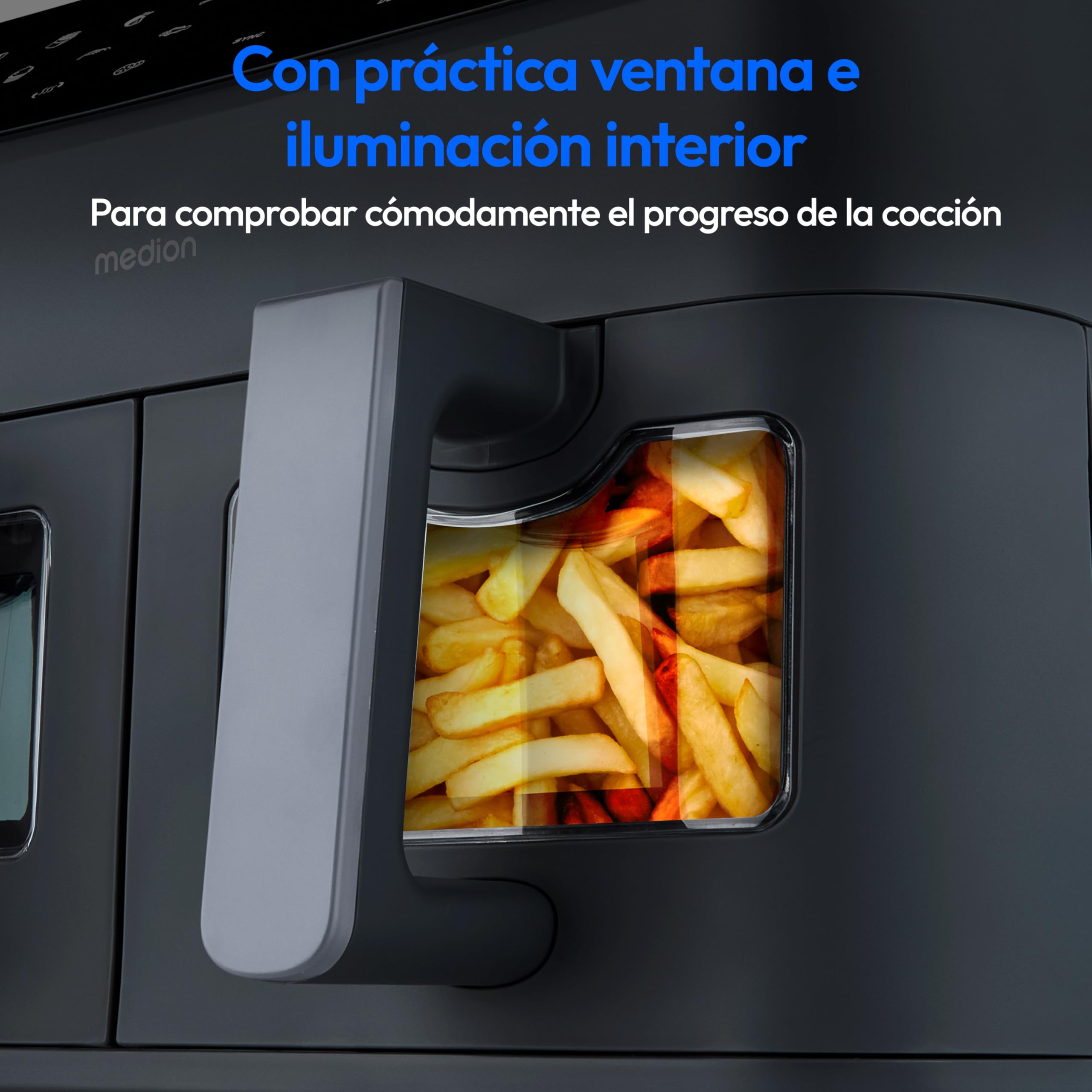 MEDION P20 XXL Freidora de Aire Doble Cesta MD11760 Gris Mate | 8,7 L, 2600 W, 10 Programas, 2 Cajones, Ventana, Air Fryer Dual XXL