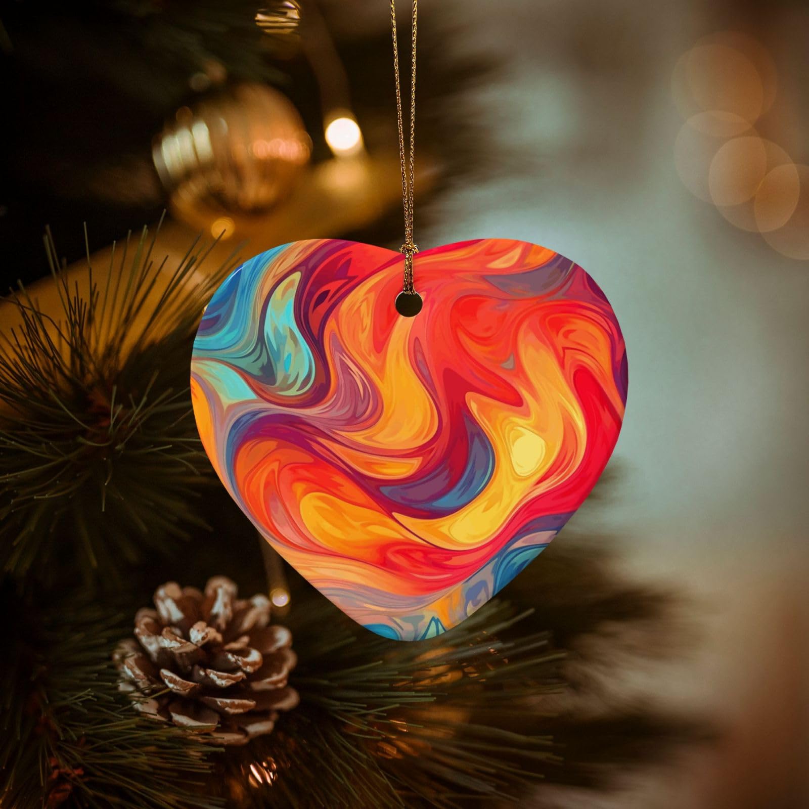 Christmas Ornaments for Christmas Tree Decoration Hanging Artistic Effect Colorful Ornament with Gold Ribbon Crafts Heart Shape Ceramic Pendant for Keepsake Gifts Xmas Decor Party Supplies