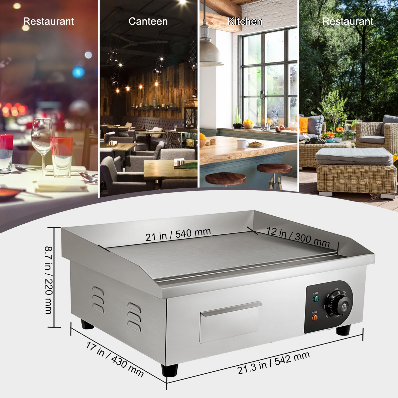 VEVOR Piastra Elettrica per Cottura Commerciale 1600W Superficie di Cottura 54 x 30cm, Piastra in Ferro per BBQ Cottura Evento all'Aperto Temperatura Controllata 50°C - 300°C Telaio in Acciaio Inox