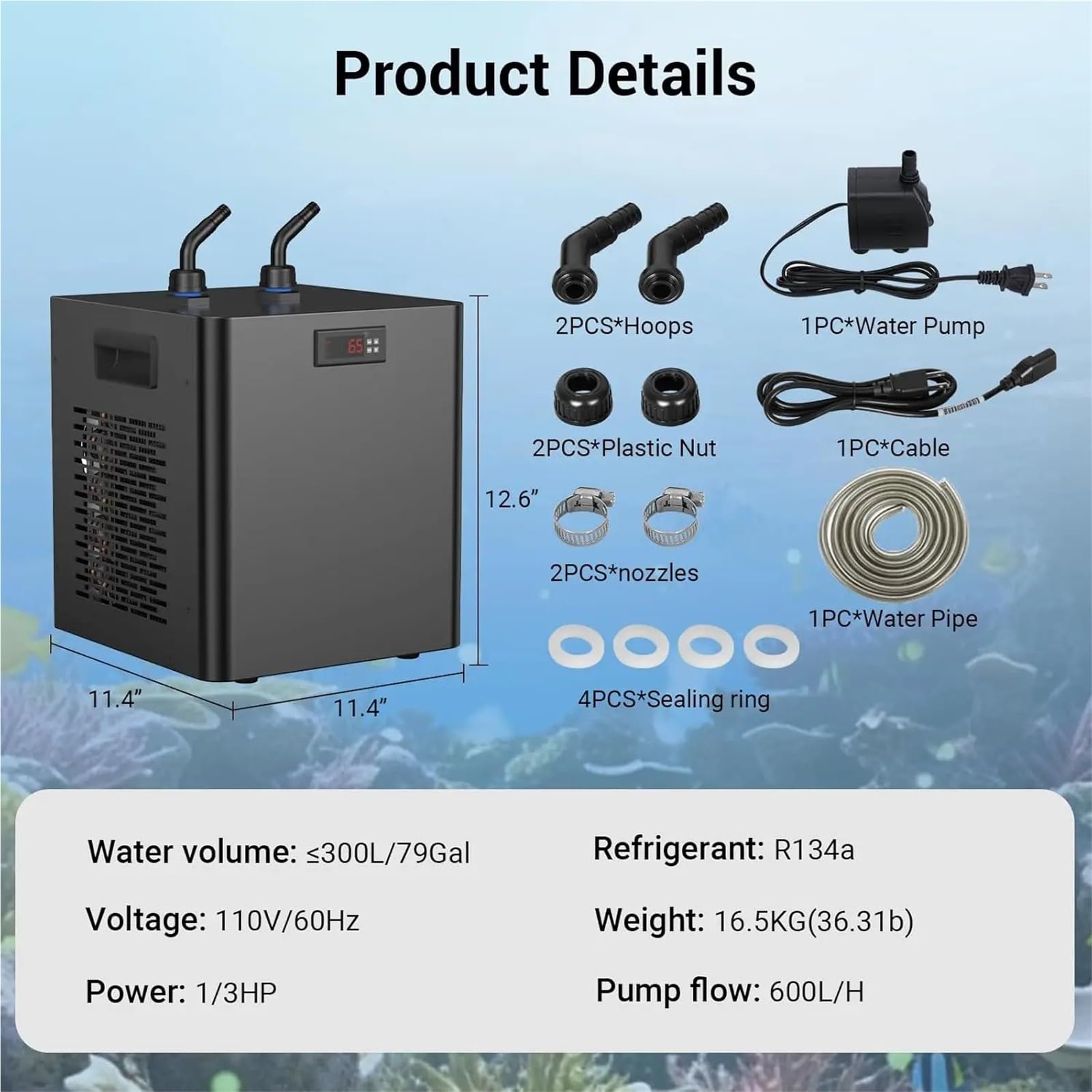 Refrigeratore per acquari, Refrigeratore for Acquario da 79 galloni, 1/3 HP, Compatibile con idroponica, Design Silenzioso, compressore, refrigeratore d'Acqua da 300 Litri