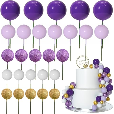 ASTARON 50 Pcs Ball Cake Topper Sticks Mini Balloons for Cake Decorating Supplies Foam Balls Cake decorations for Baby Shower Cake Birthday Cake Toppers Decorations (Purple Series)