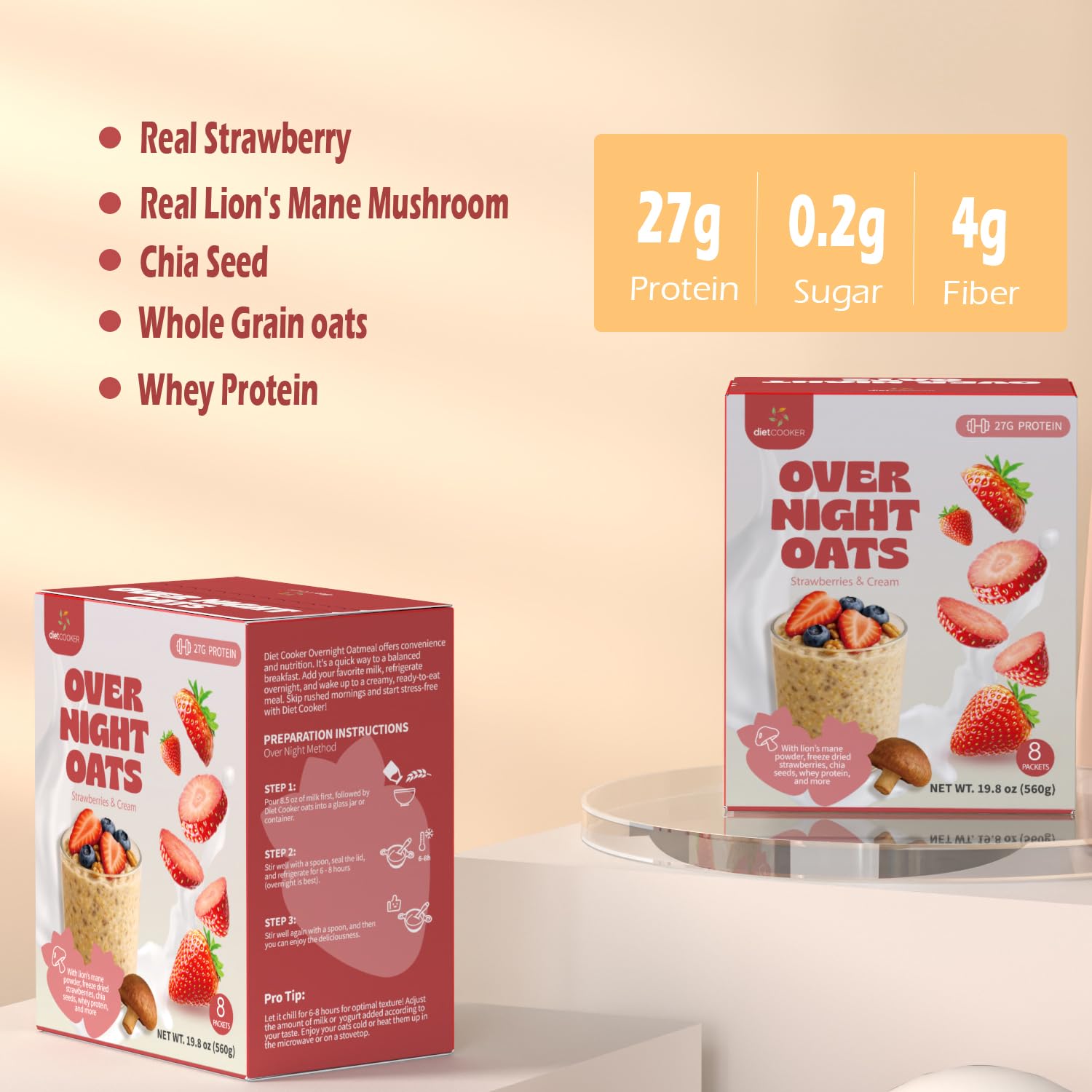 DIET COOKER Pilz Overnight Oats, 27 g Protein & Erdbeergeschmack, reich an Ballaststoffen, glutenfreier Protein-Haferflocken-Shake mit Chiasamen, Löwenmähnenpilz, Erdbeere – Haferflocken-Cremetorten