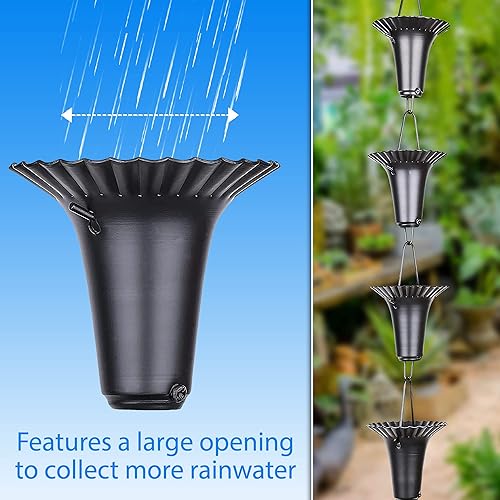 Miniatura 4 de Rain Chains Pacific - Cadena de lluvia de copa estriada de 8.5 pies - Aluminio recubierto de polvo negro - Reemplazo funcional y decorativo para