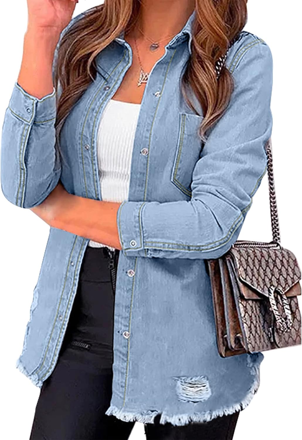 luvamia Womens Denim Jacket Distressed Button Down Jean Shirt For Women Ripped Shacket Coat
