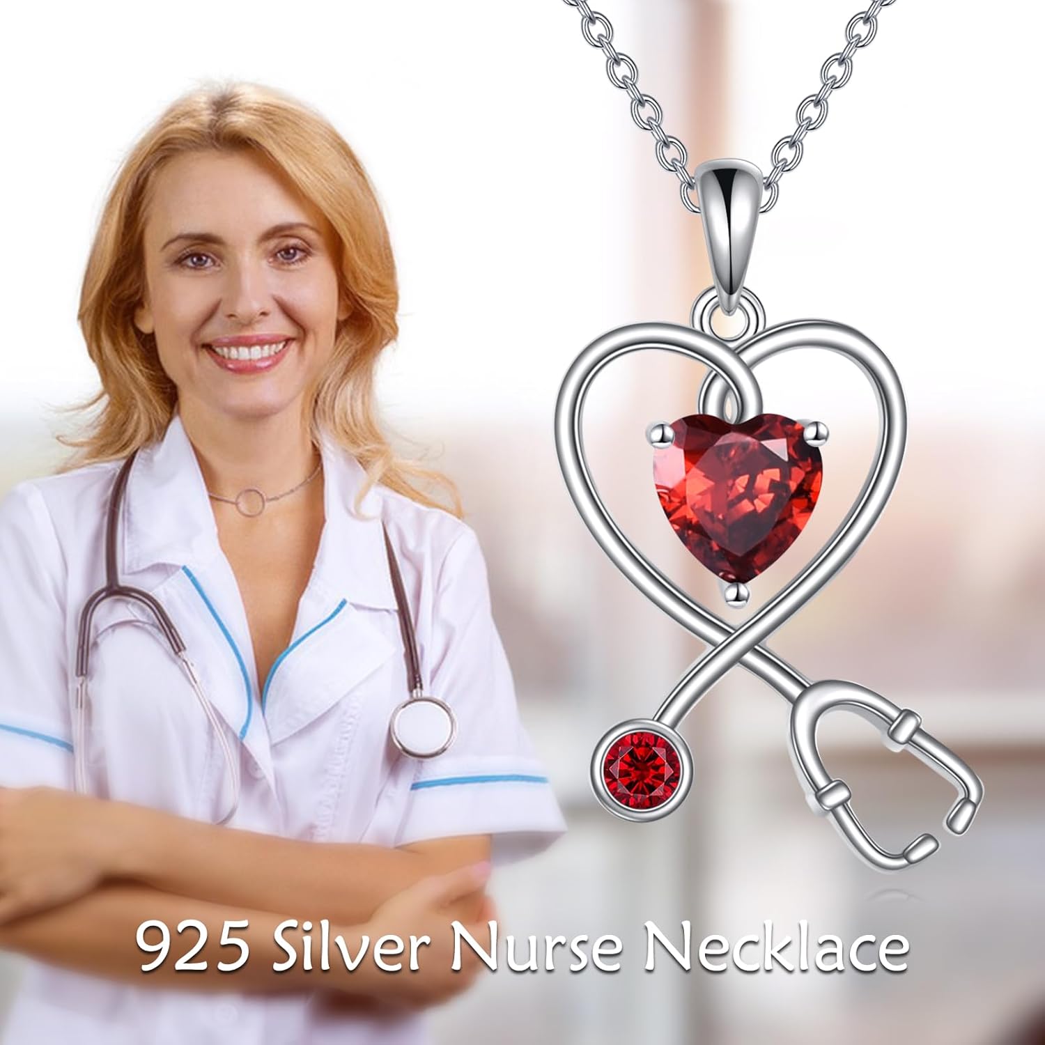 Nurse Necklace for Women 925 Sterling Silver Stethoscope Pendant Necklace Heart Birthstone Jewelry Gift - Image 6