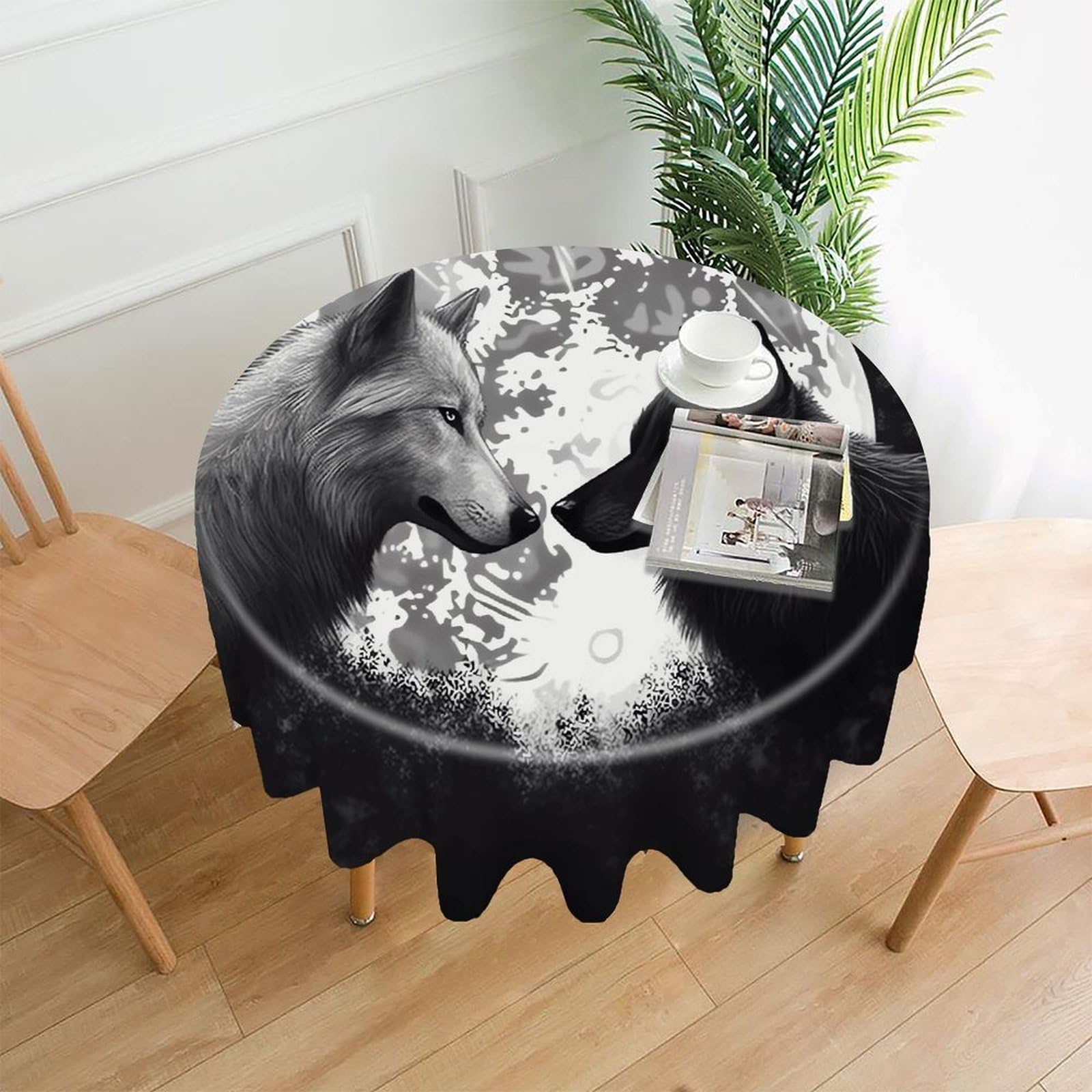 VstaDank Wolves Love Under The Moon Wild Animal Tablecloth Easy to Clean Polyester Round Table Cover Washable Round Table Cloth Wrinkle-Free Circle Decoration Tablecloth for Kitchen Dining Room 60"