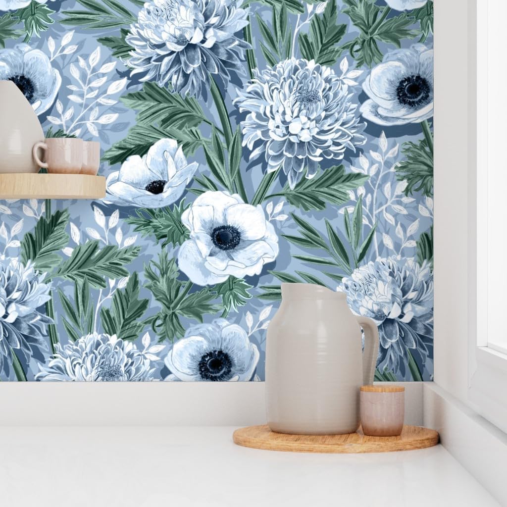 Removable Wallpaper Swatch - Mums Green Blue Spring Florals Nature Flowers Custom Pre-Pasted Wallpaper by Spoonflower