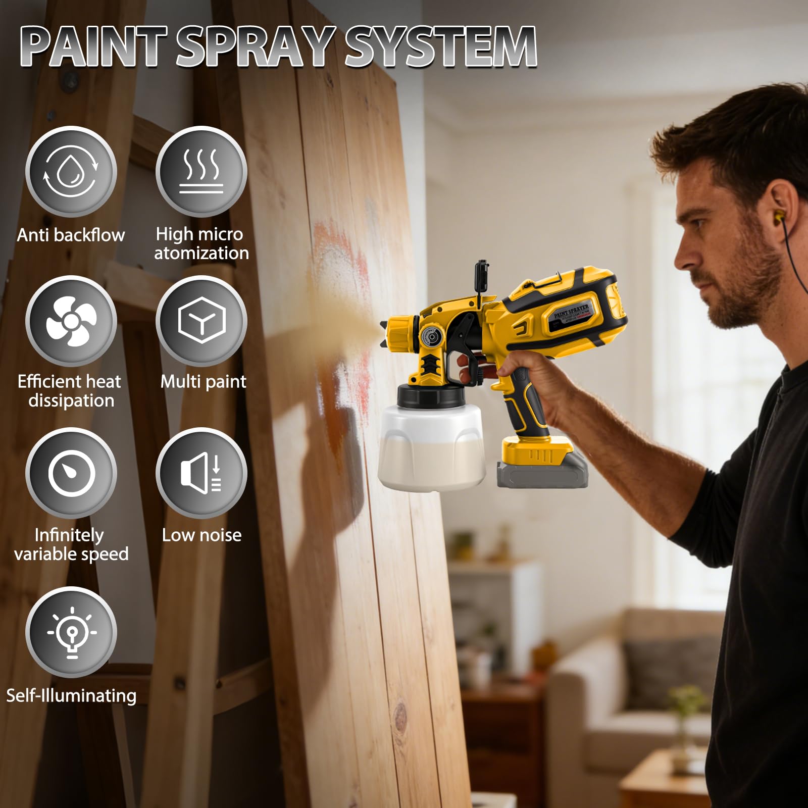 Pulverizador de Pintura Inalámbrico con LED para Dewalt 20V (sin batería) | 200W, Sistema de Pintura Eléctrico, Depósito 1,4L, 3 Patrones, 5 Boquillas, Cepillo, Guantes, Gafas