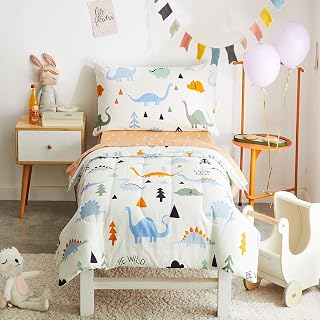 Joyreap 4 Piece Cotton Toddler Bedding Set for Kids Boys n Girls, Dinosaur Theme Cream White n Orange Reversible Design, Includes Quilted Comforter, Fitted Sheet, Top Sheet, and Pillow Case